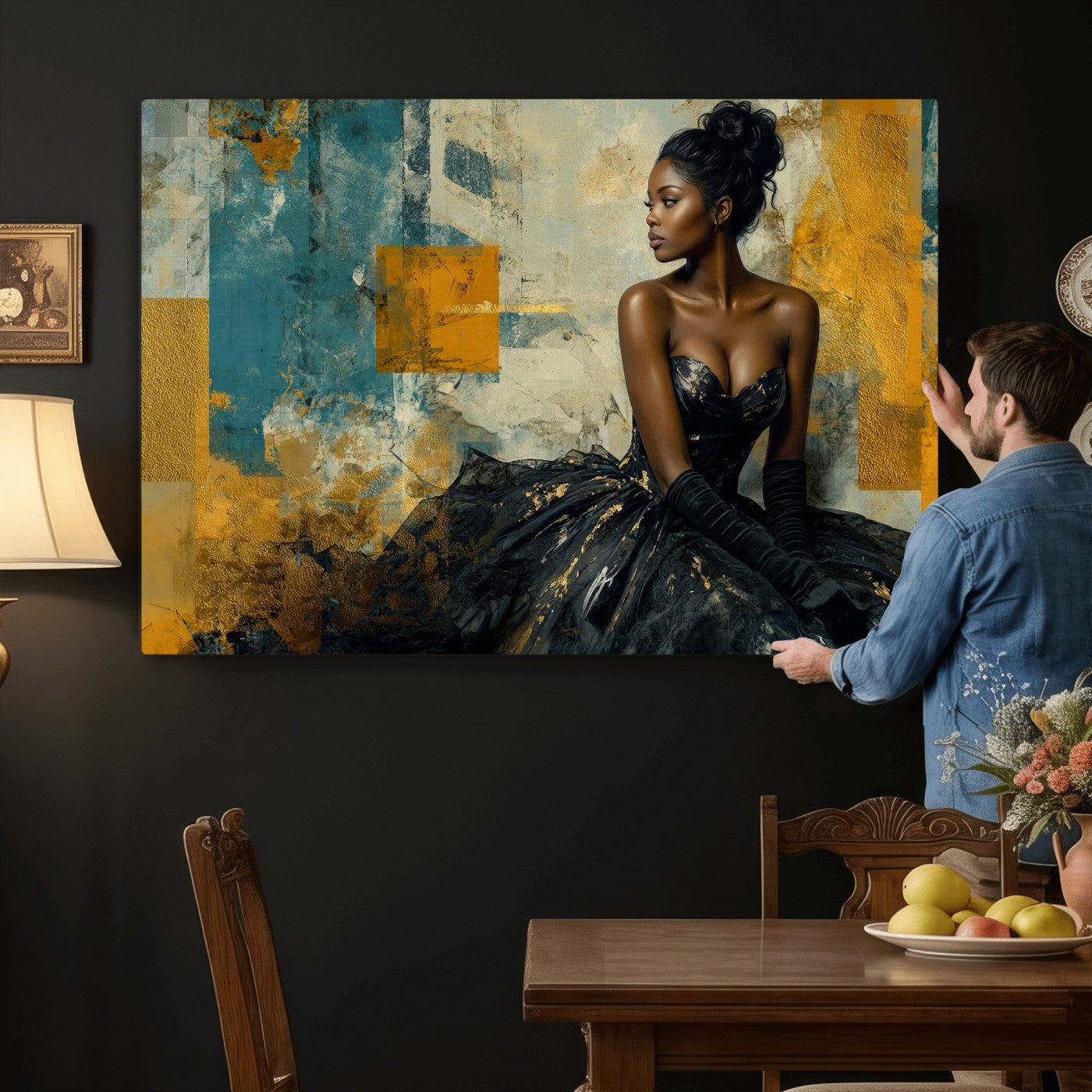 4712069Z21-MGV-CV-36X24 - Elegant Woman Canvas Wall Art — Black Gold Gown Fashion Print | Luxury Glam Wall Decor | African American Art | Bold Bedroom Wall Art Gift