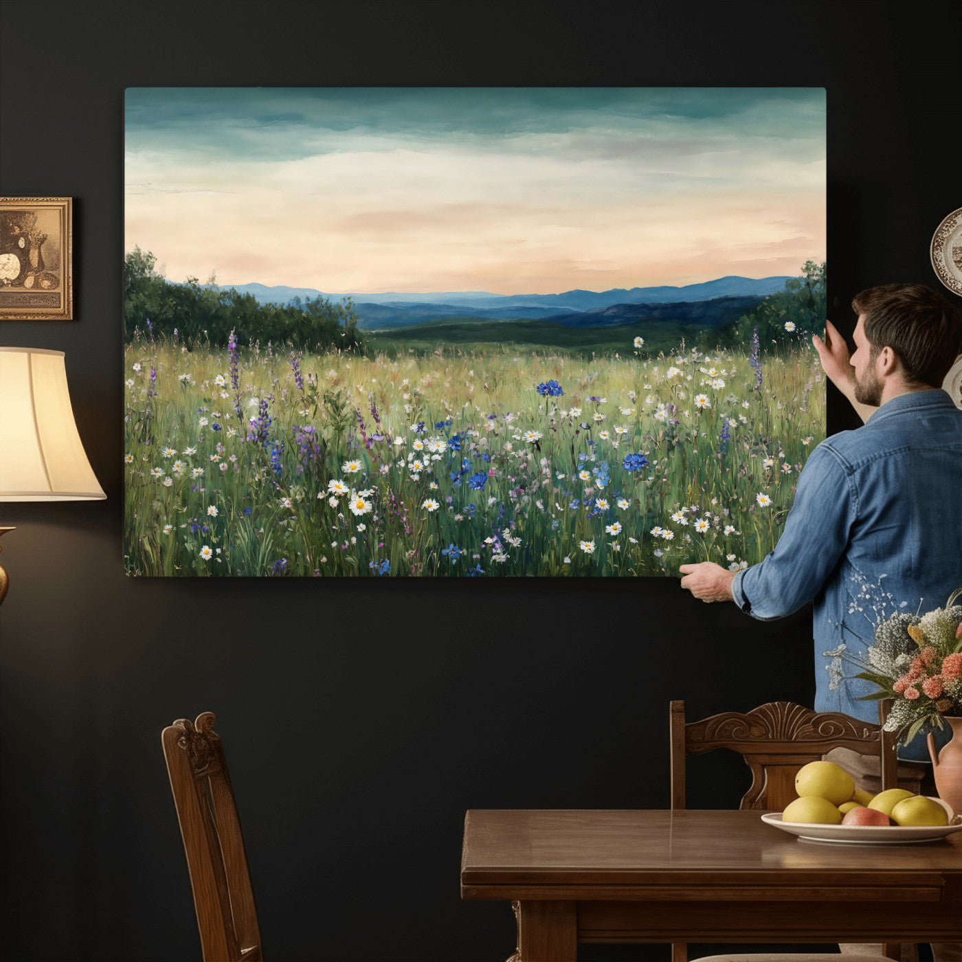 35773805-MGV-CV-36X24 - Wildflower Meadow Oil Painting Canvas — Daisy Lavender Mountain Sunset Print | Cottagecore Floral Wall Art | Bedroom Decor Gift for Her
