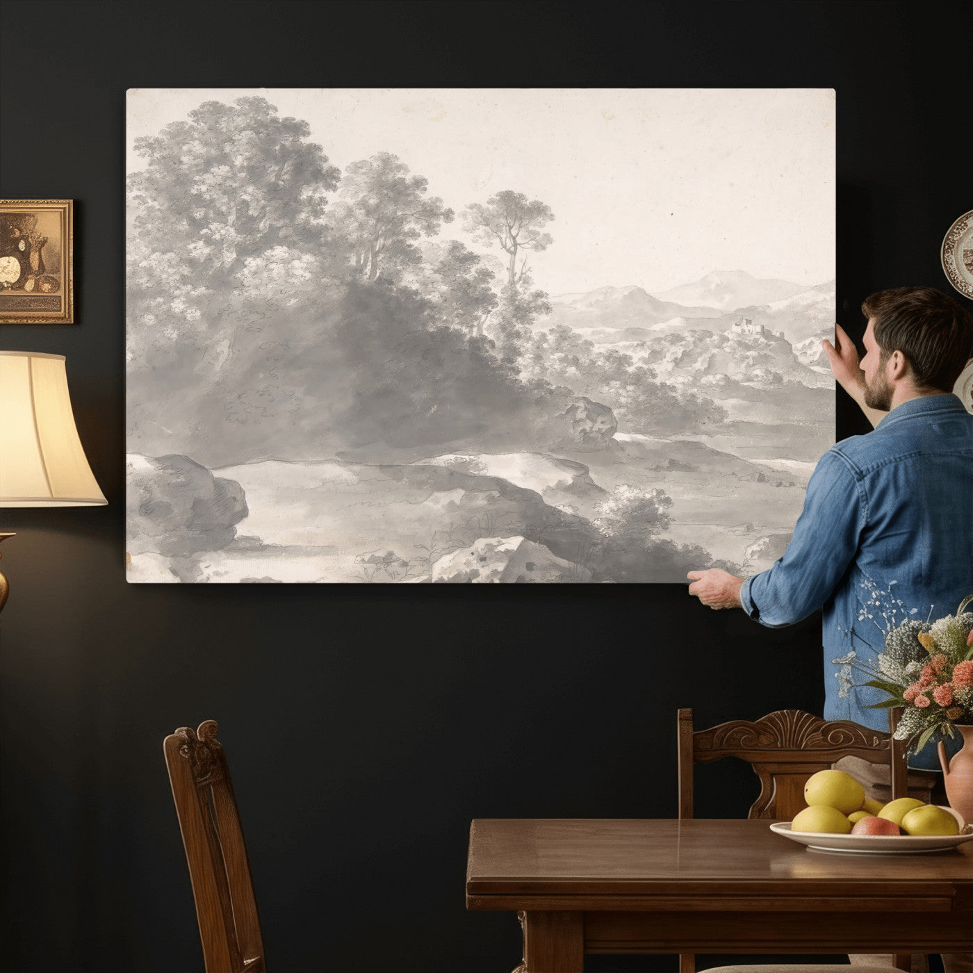 33041209-MGV-CV-36X24 - Van Poelenburch Landscape Canvas Wall Art — Dutch Golden Age Gray Wash Drawing Print | Baroque Italianate Nature Decor | Old Master Classic Gift