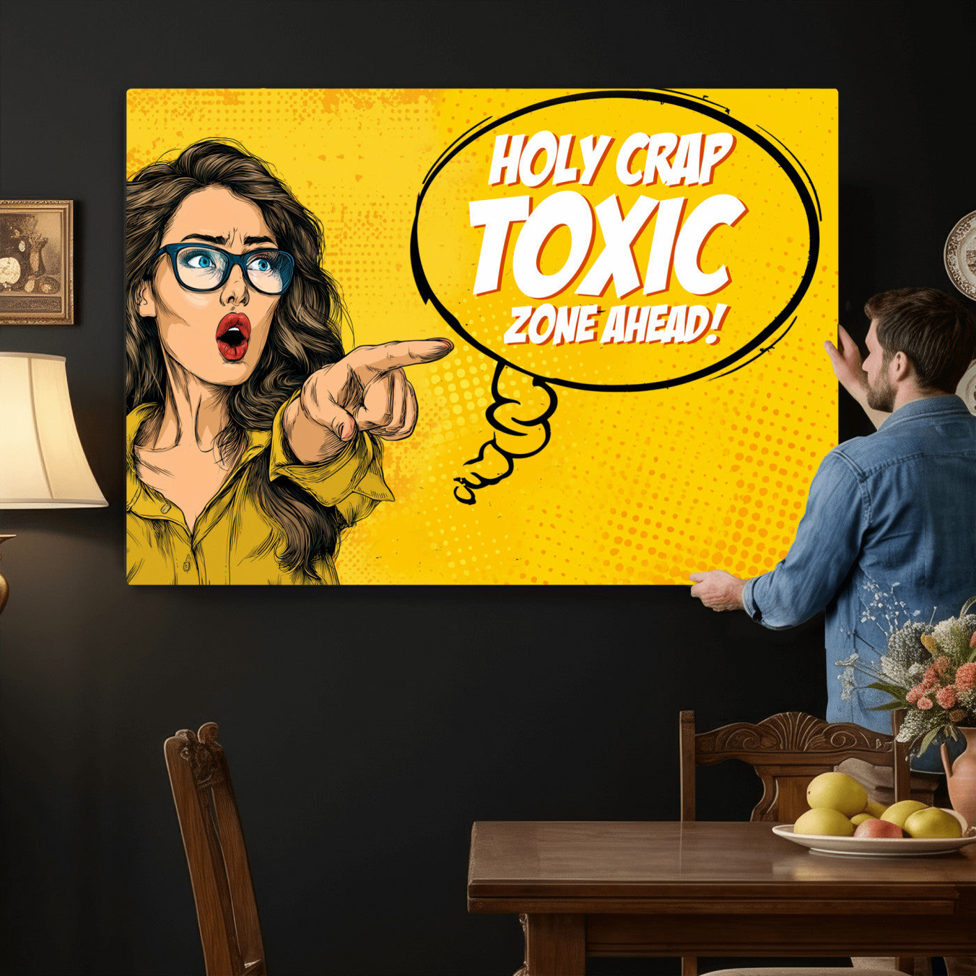 79751885-MGV-CV-36X24 - Pop Art Print Bathroom Sign Wall Art Canvas Print — Funny Bathroom Canvas | Comic Style Toilet Wall Decor | Humor Gift | Yellow Bold Bathroom Art