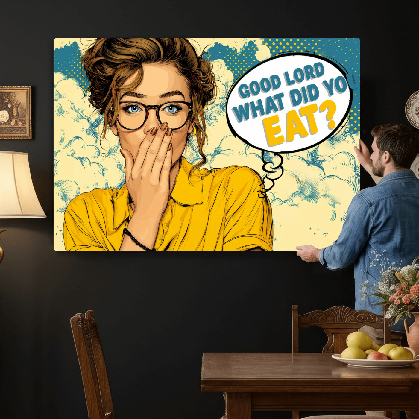 35819669-MGV-CV-36X24 - Pop Art Print Bathroom Sign Wall Art Canvas Print — Funny Bathroom Canvas | Comic Style Toilet Wall Decor | Humor Gift | Yellow Bold Bathroom Art