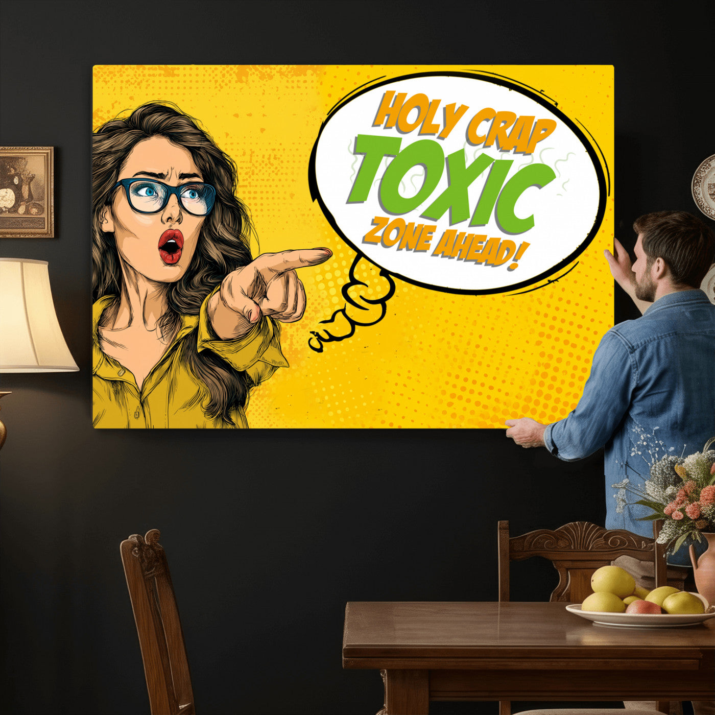 79156505-MGV-CV-36X24 - Pop Art Print Bathroom Sign Wall Art Canvas Print — Funny Bathroom Canvas | Comic Style Toilet Wall Decor | Humor Gift | Yellow Bold Bathroom Art