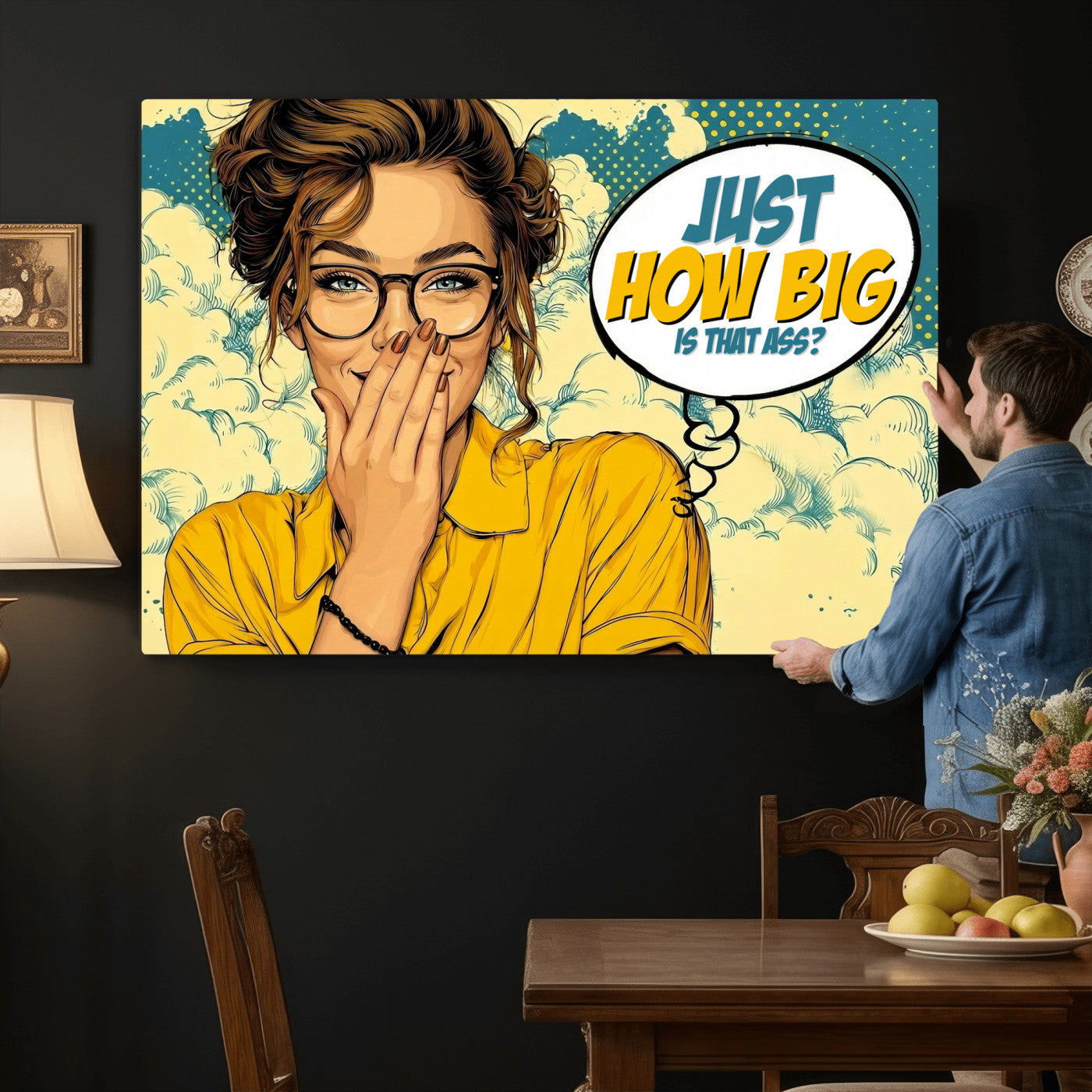 T79156505-MGV-CV-36X24 - Pop Art Print Bathroom Sign Wall Art Canvas Print — Funny Bathroom Canvas | Comic Style Toilet Wall Decor | Humor Gift | How Big Ass