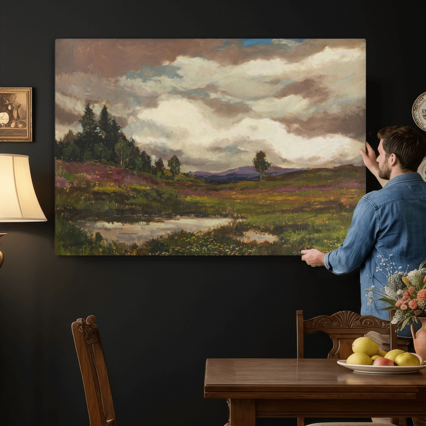 96795851-MGV-CV-36X24 - Gustav Macoun Heathland Canvas Print, Czech Landscape Oil Painting Reproduction, Purple Heather Moorland Art, Vintage European Nature Decor