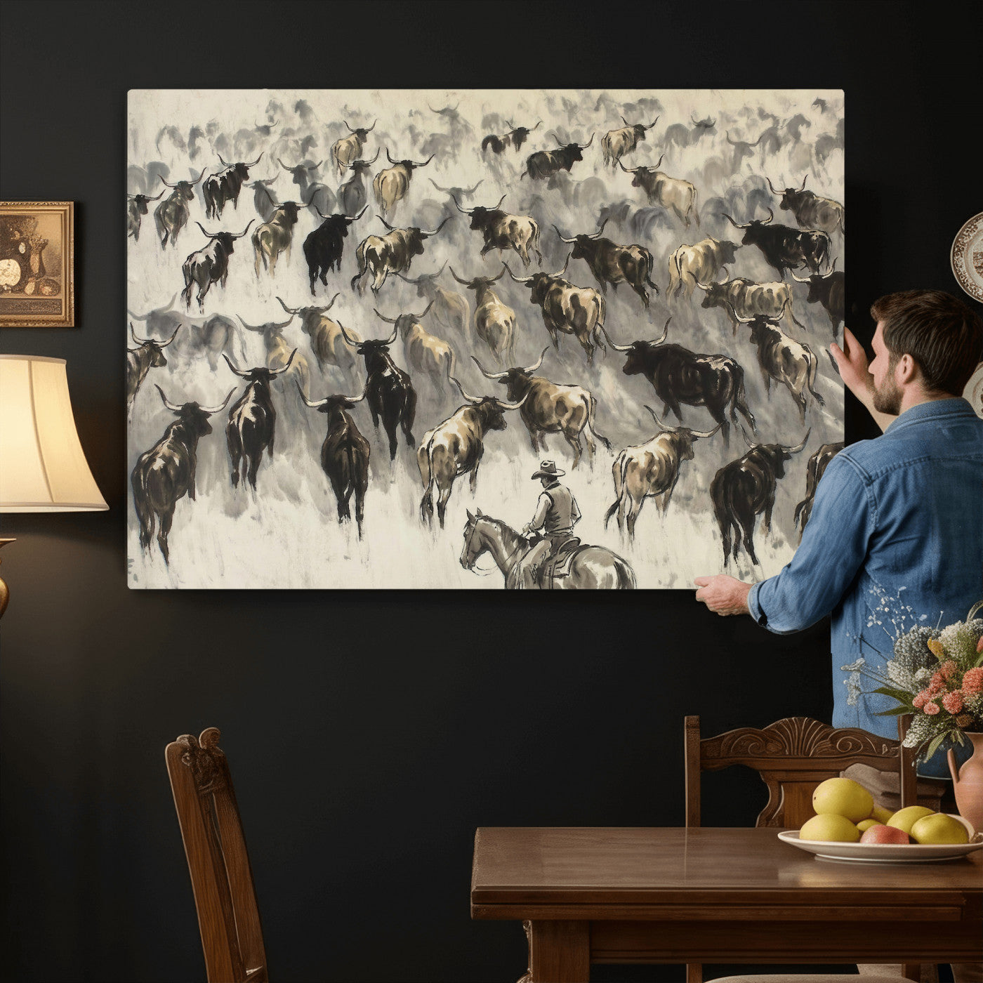 48049876-MGV-CV-36X24 - Cowboy Cattle Drive Canvas Wall Art, Western Longhorn Herd Ink Painting Print, Ranch Rodeo Decor, Black White Western Art, Large Living Room Art