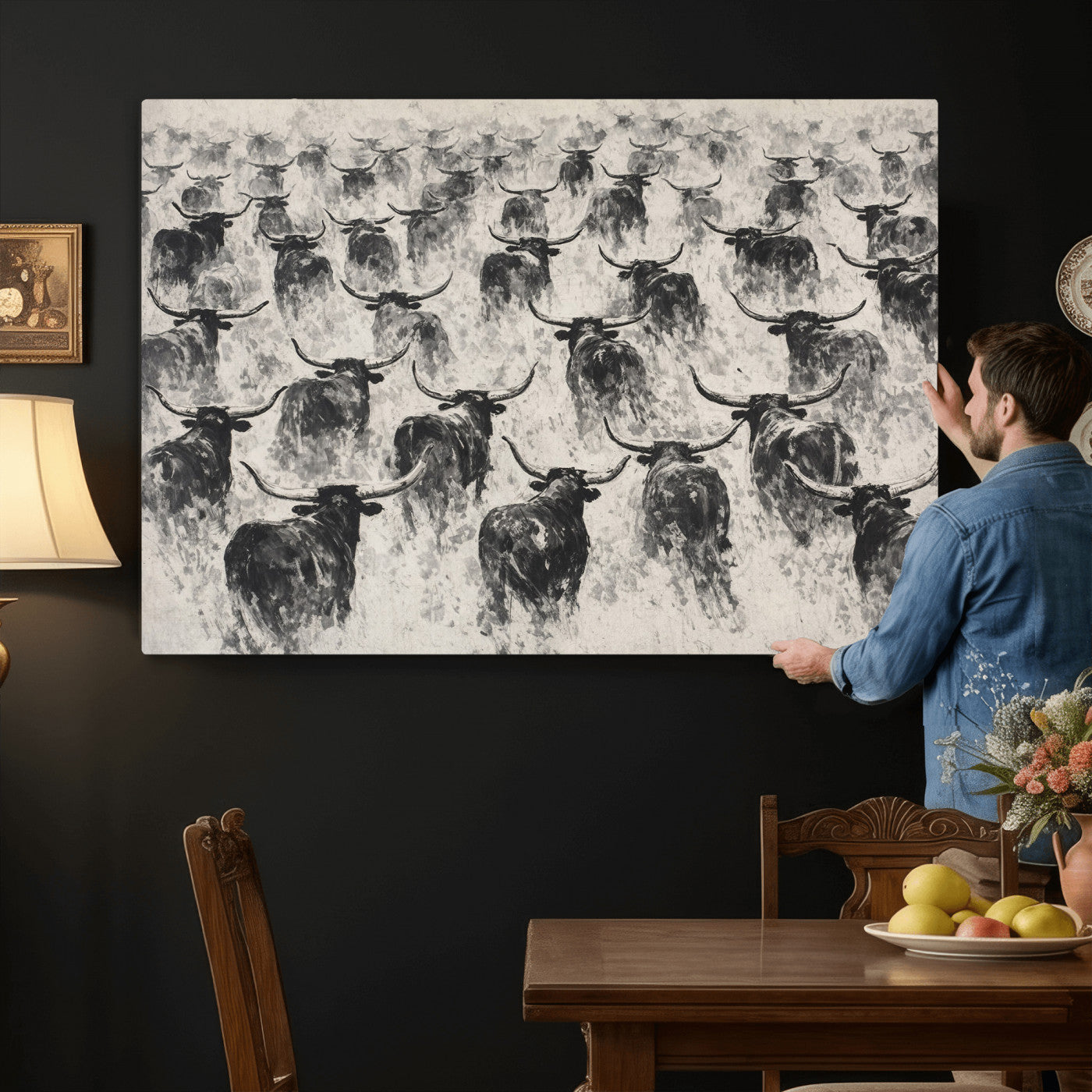 73328525-MGV-CV-36X24 - Texas Longhorn Drawing Canvas Wall Art, Western Cattle Stampede Painting Print, Warm Amber Ranch Decor, Rustic Cowboy Home Art, Large Living Room Decor