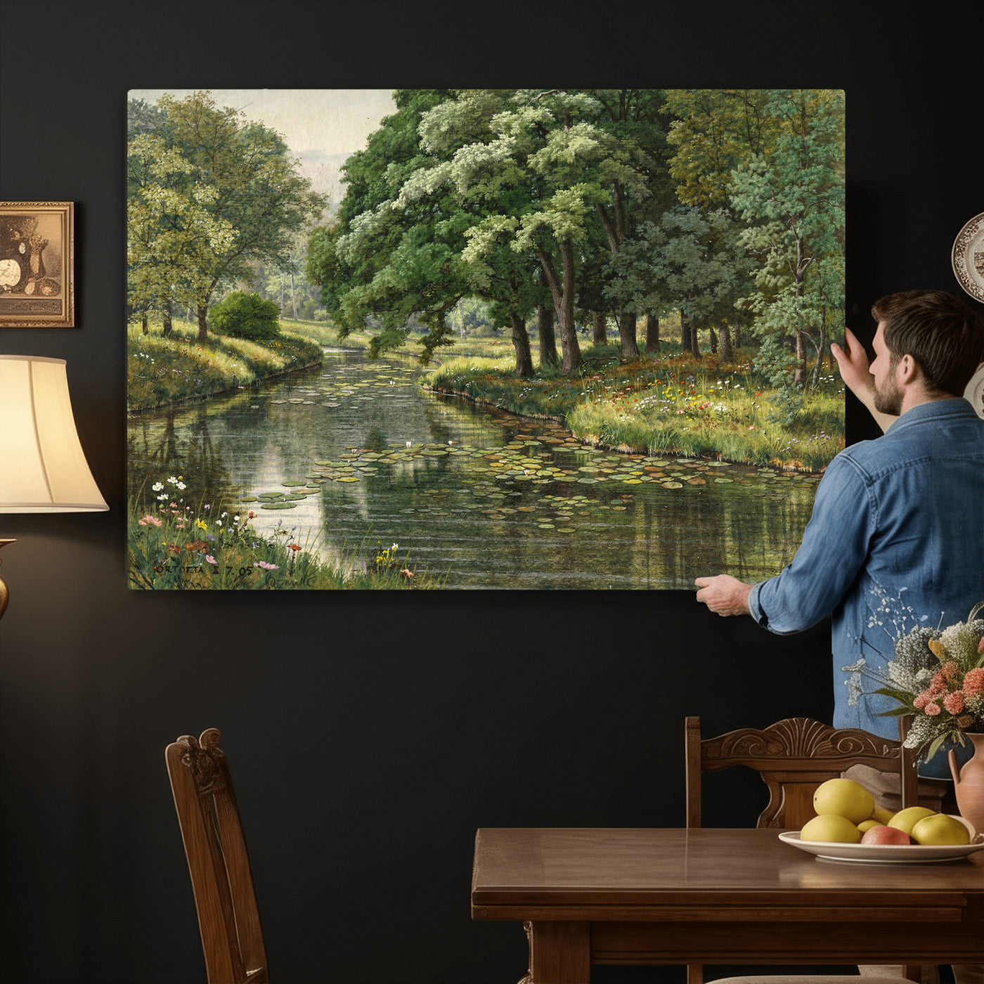 44288560-MGV-CV-36X24 - Forest Stream Canvas Wall Art, Peder Monsted A Forest Stream 1905 Print, Danish Realist Landscape, Lily Pad River Nature Decor, Vintage Green Painting