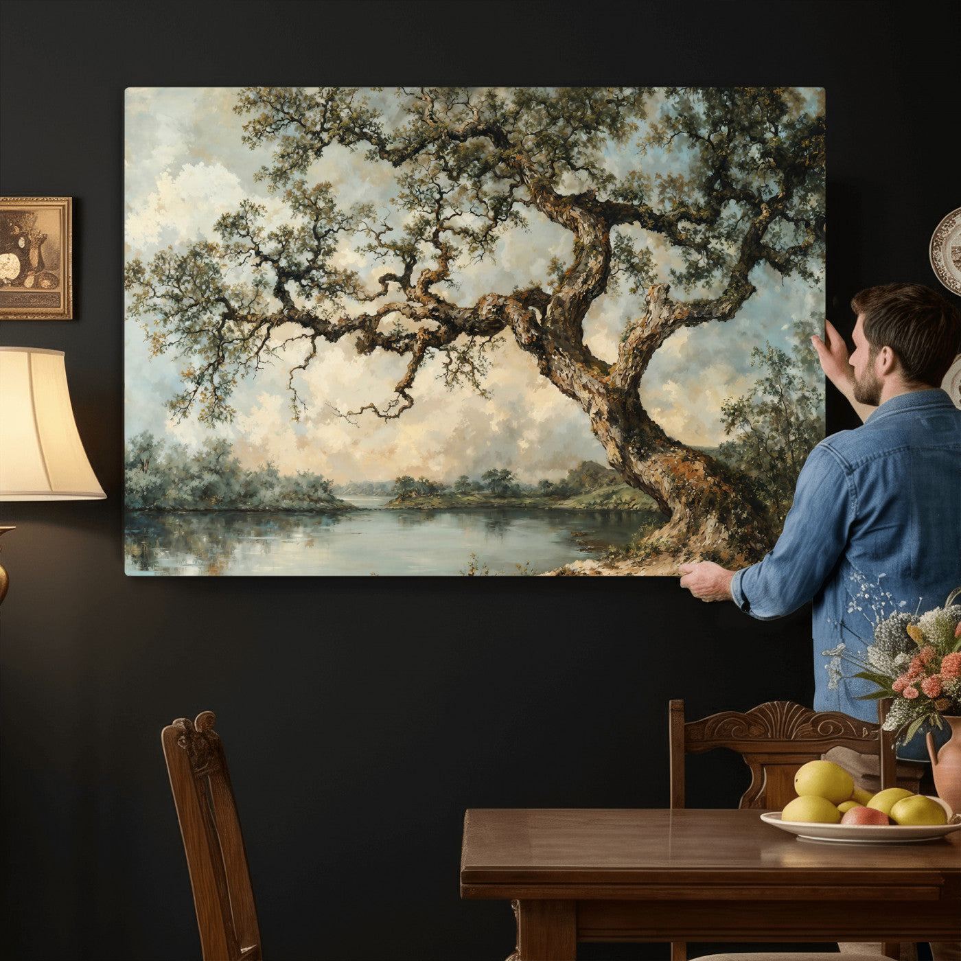 63857726-MGV-CV-36X24 - Old Oak Tree Canvas Wall Art, Turner Inspired Romantic Landscape Print, Vintage Nature Painting, Living Room Wall Decor, Antique Style Tree Art