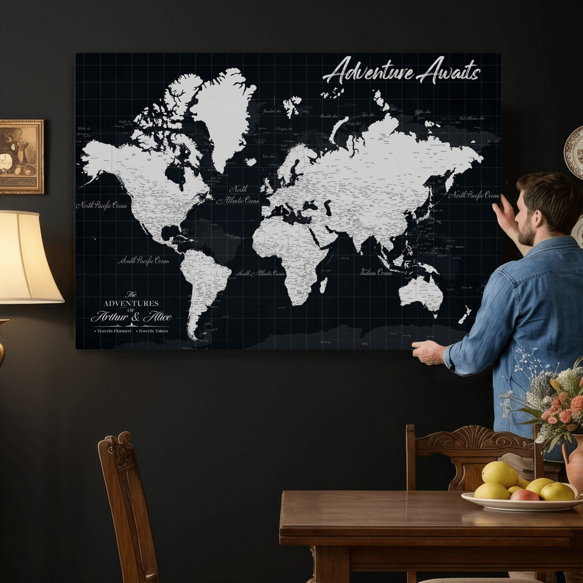 19855445B-MGV-CV-36X24 - Personalized Black Push Pin Travel Map Canvas Print, Couples Countries Visited Map, Entryway and Hallway Decor