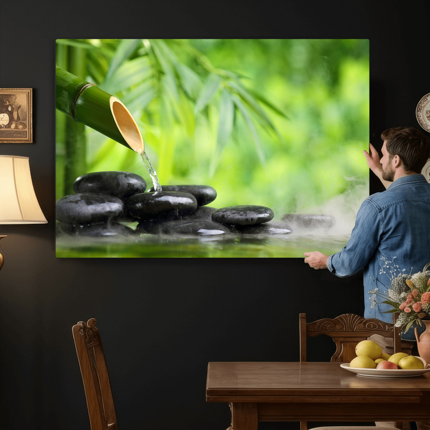 26961320-MGV-CV-36X24 - Bamboo Water Flow Black Stone Canvas | Zen Spa Nature Photography Print | Green Mist Japanese Garden Wall Art | Tranquil Decor