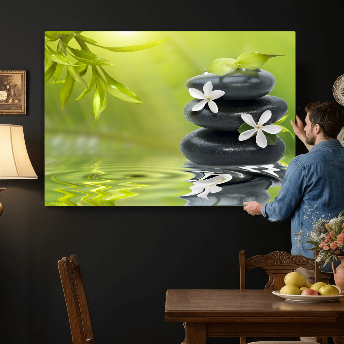 51106626-MGV-CV-36X24 - Plumeria Frangipani Black Stone Canvas | White Flower Spa Photography Print | Tropical Zen Wall Art | Grey Pebble Floral for Meditation Yoga Room Decor