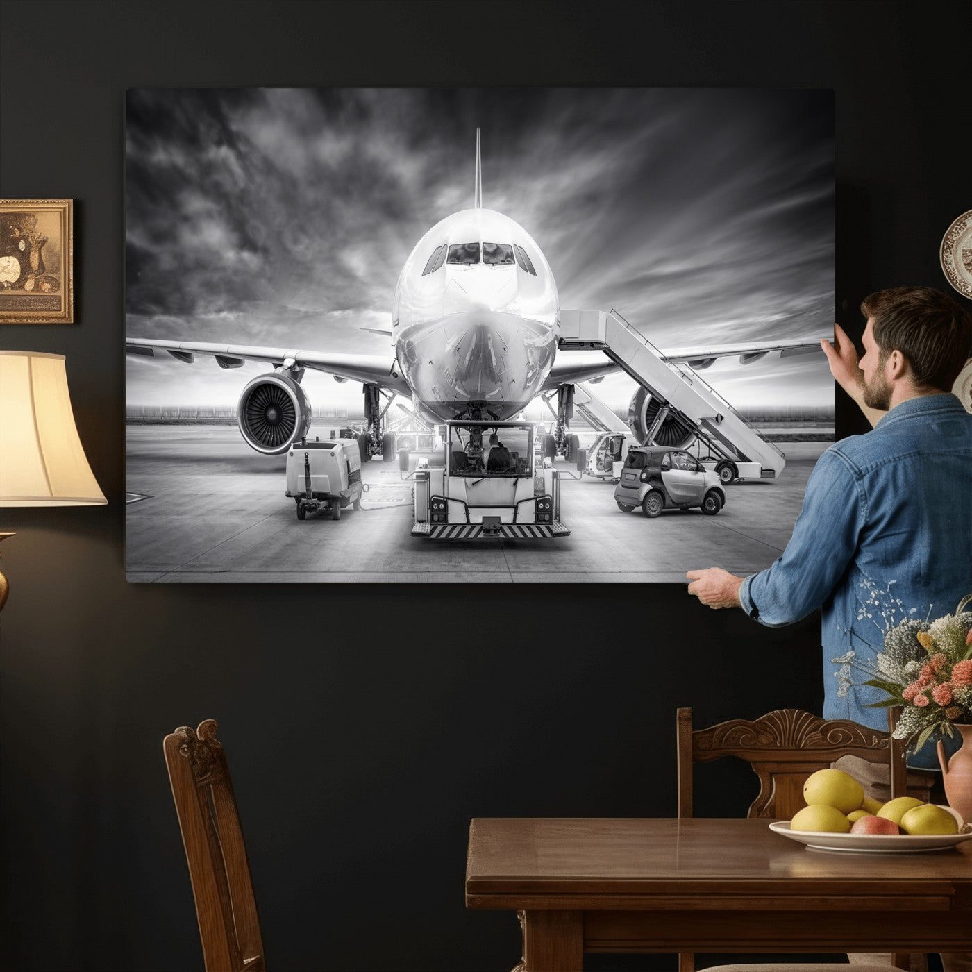 85885848-MGV-CV-36X24 - Airplane Wall Art Canvas Print, Black and White Jet Aircraft Airport Runway Framed Aviation Artwork for Pilot Office Hangar Travel Decor
