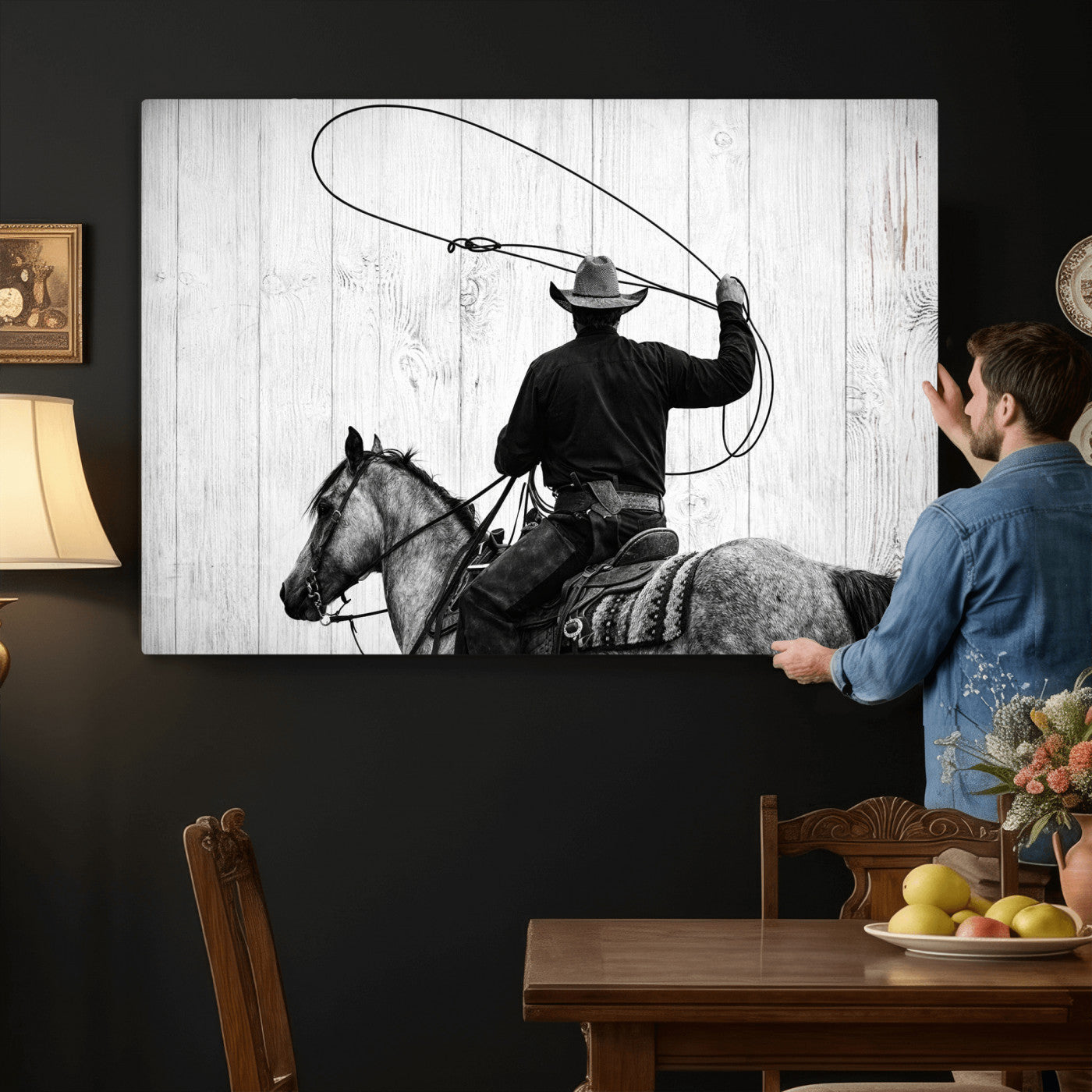 22569358-MGV-CV-36X24 - Cowboy Lasso Canvas Wall Art, Black White Western Horse Photo Print, Rustic Ranch Rodeo Decor, Farmhouse Western Art, Cowboy Gift for Him