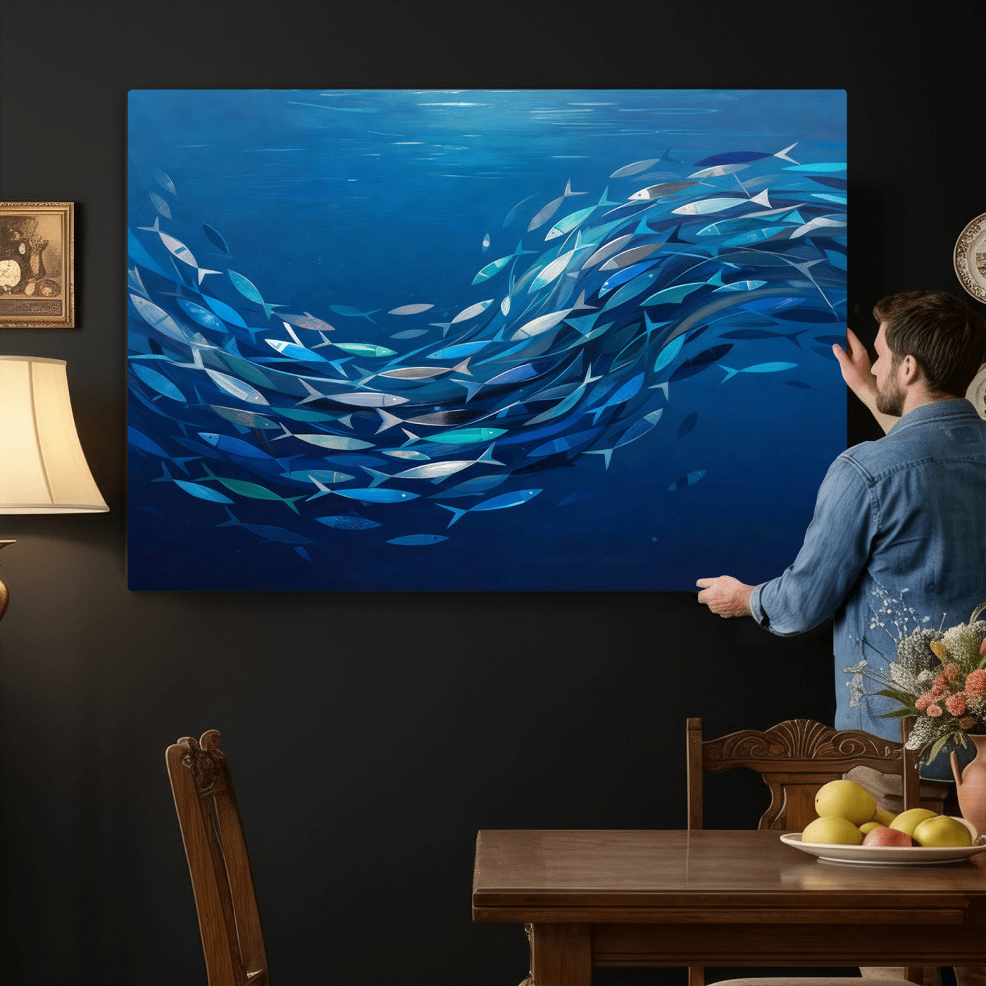 74325132-MGV-CV-36X24 - School of Fish Canvas Print | Blue Ocean Underwater Wall Art | Swirling Fish Shoal Illustration | Marine Navy Coastal Decor