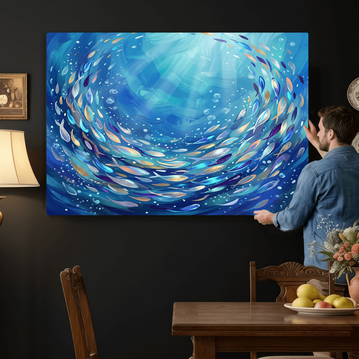 78699899-MGV-CV-36X24 - School of Fish Canvas Print | Blue Ocean Underwater Wall Art | Swirling Fish Shoal Illustration | Marine Navy Coastal Decor