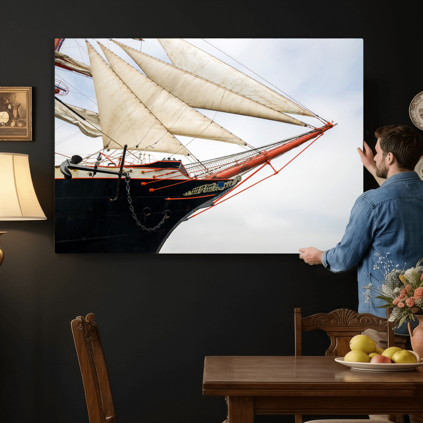 64830036-MGV-CV-36X24 - Sailboat Wall Art Canvas Print, Vintage Ship Bow Framed Artwork, Nautical Sailing Decor for Living Room Office Beach House
