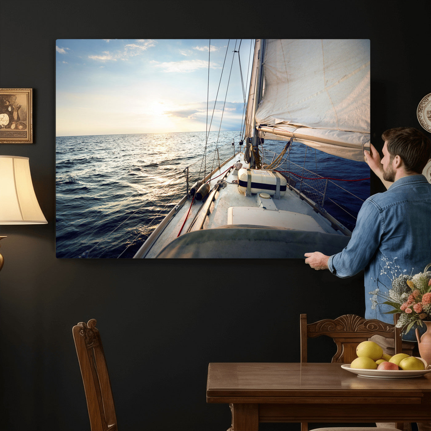 76381335-MGV-CV-36X24 - Sailboat Wall Art Canvas Print, Ocean Sunset Sailing Framed Artwork, Coastal Nautical Seascape Decor for Living Room Office Beach House