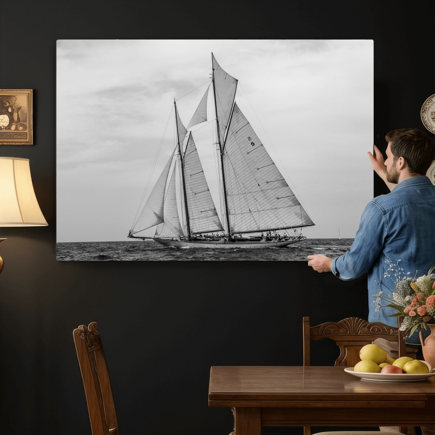 52882918-MGV-CV-36X24 - Vintage Sailboat Wall Art Canvas Print, Black and White Schooner Framed Artwork, Nautical Ocean Sailing Decor for Living Room Office Beach House