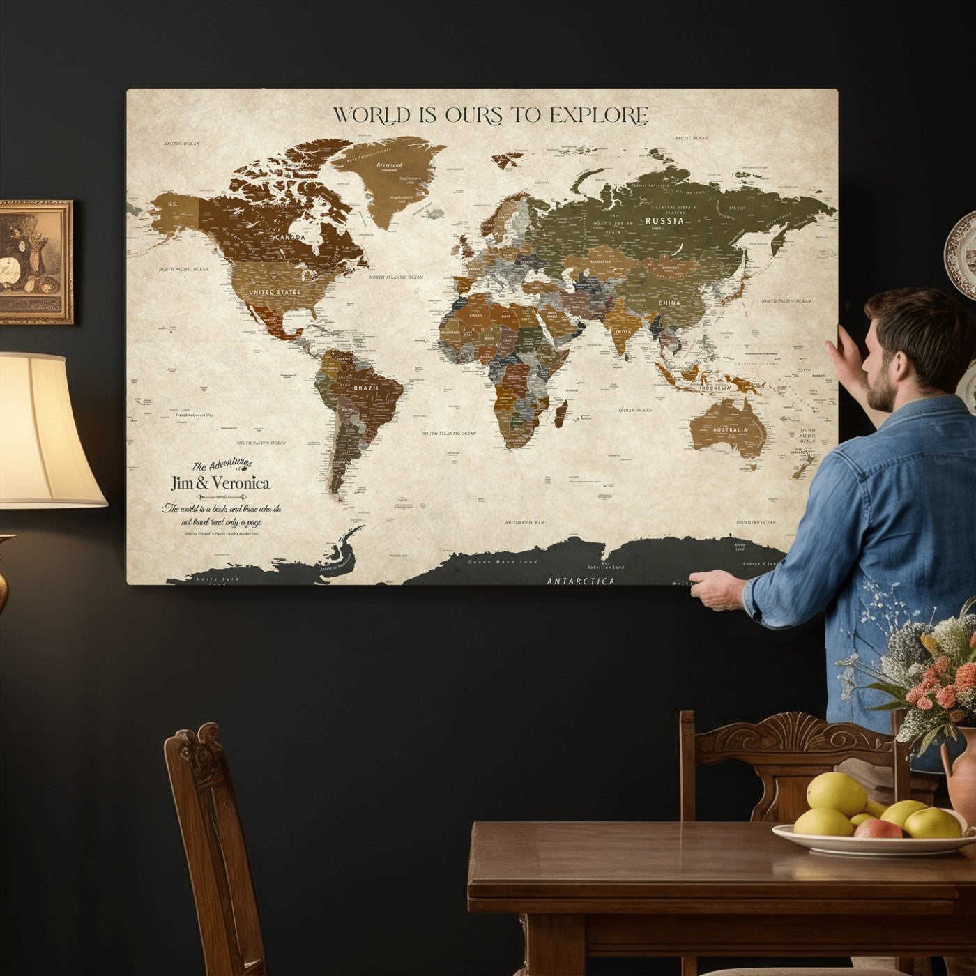 64110391126O-MGV-CV-36X24 - Custom Push Pin World Map Wall Art Canvas Print – Personalized Travel Tracker with Pins Framed Large for Home and Office Decor