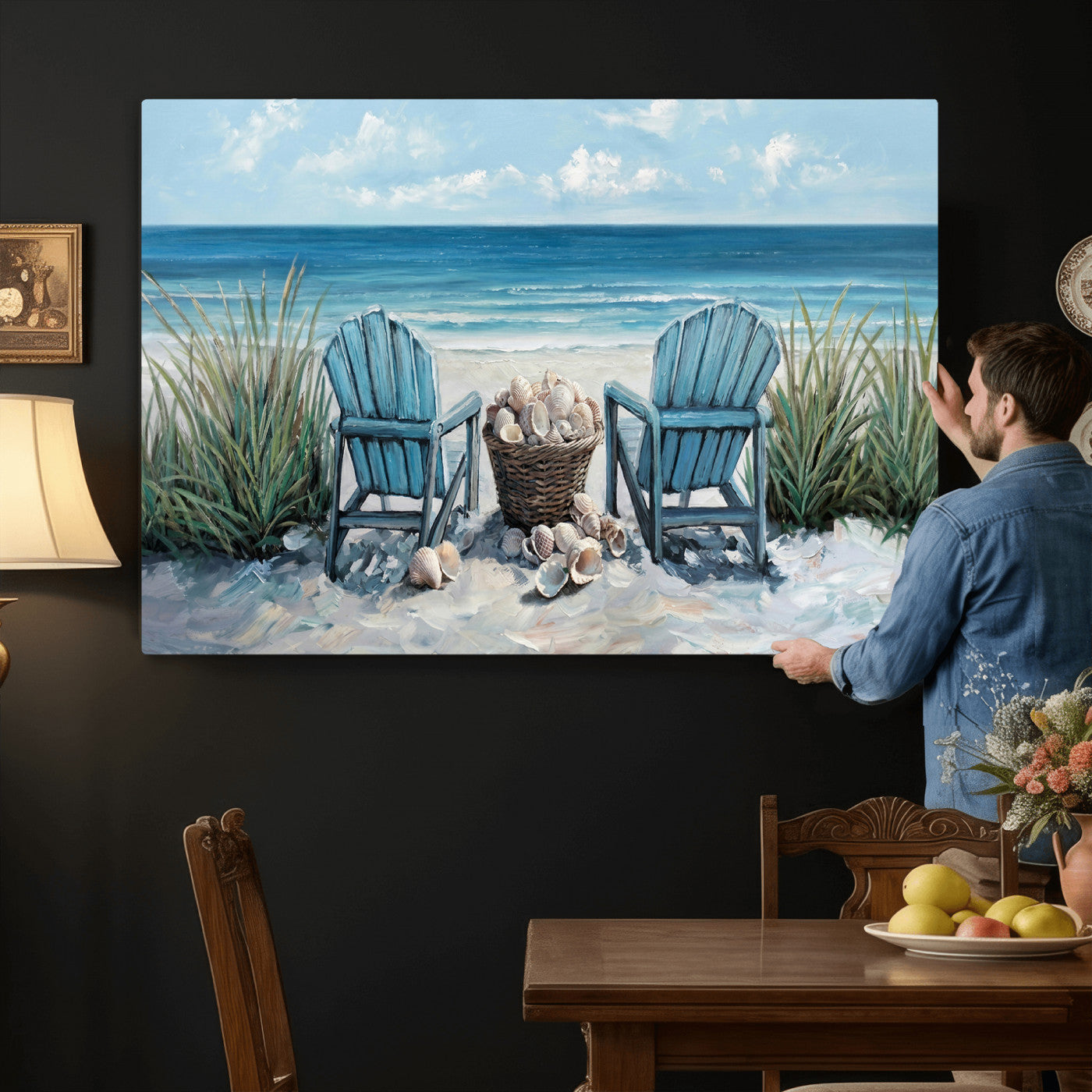 11973028-MGV-CV-36X24 - Beach Canvas Wall Art Coastal Adirondack Chairs Ocean Seashells Blue Nautical Framed Large for Living Room Bedroom Bathroom Decor