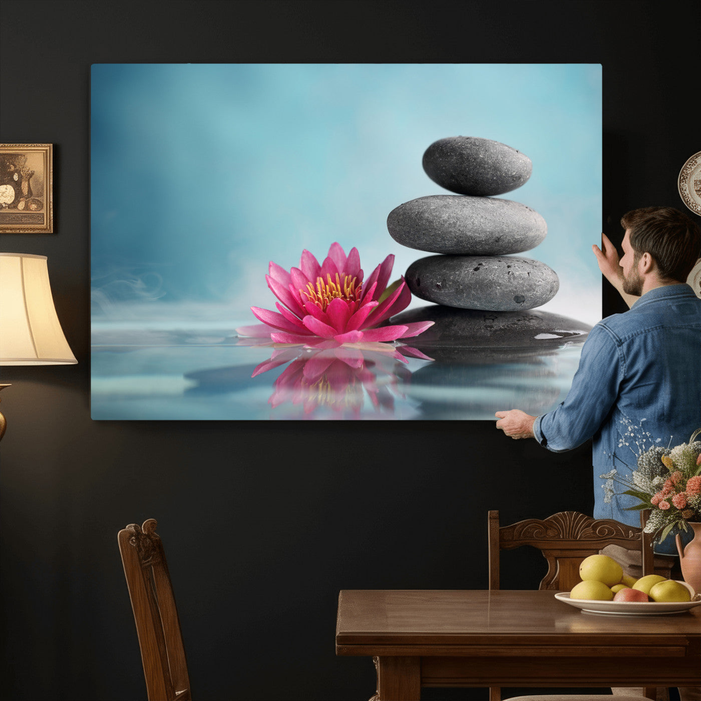84293154-MGV-CV-36X24 - Zen Canvas Wall Art Lotus Flower Stacked Stones Teal Spa Meditation Relaxation Framed Large for Bathroom Bedroom Living Room Office Decor