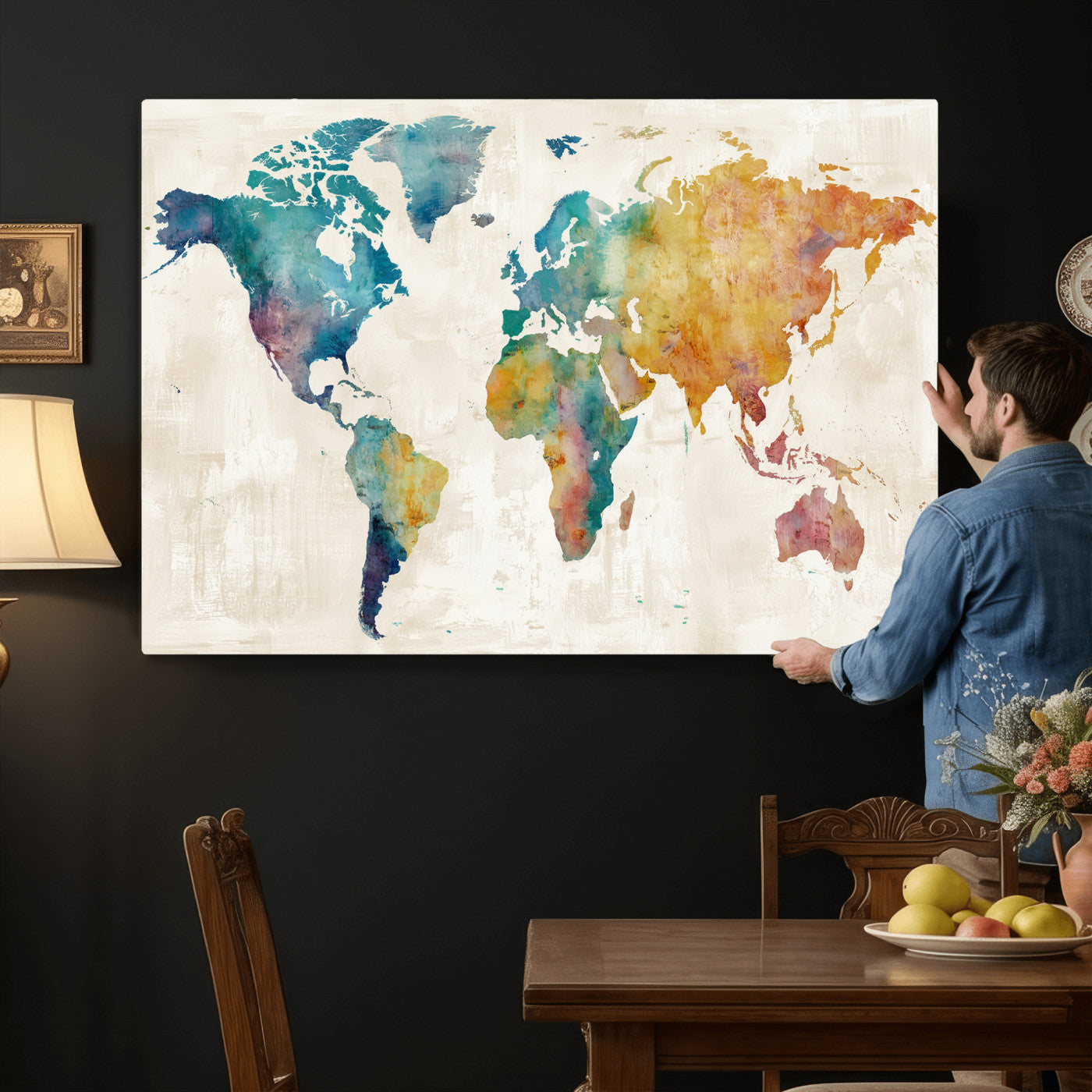 56556018-MGV-CV-36X24 - Watercolor World Map Canvas Wall Art Print – Abstract Colorful Travel Wall Decor