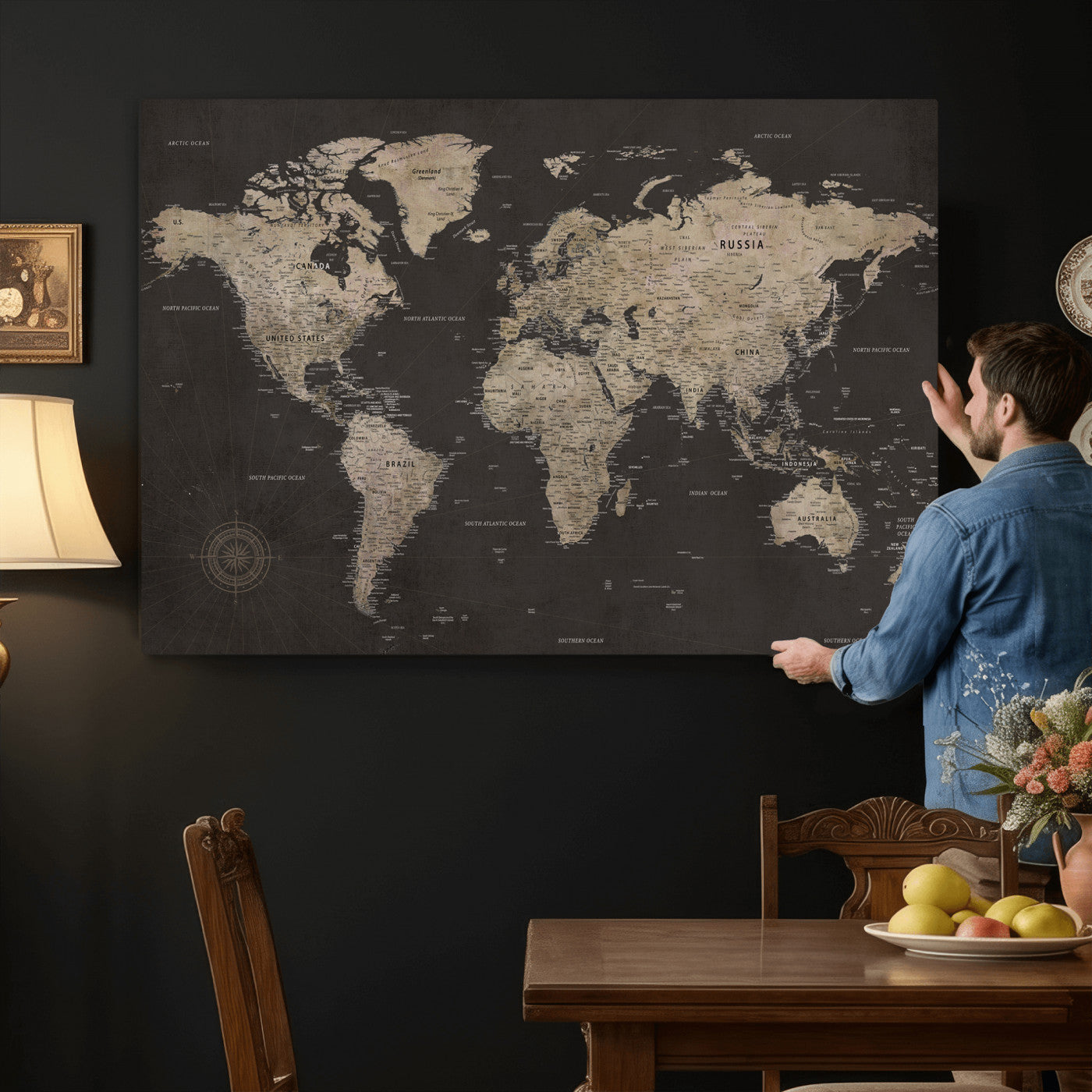 56556018136-MGV-CV-36X24 - World Map Canvas Wall Art Dark Charcoal Antique Tan Detailed Every Country Labeled Framed Large for Home Office Living Room Bedroom Decor
