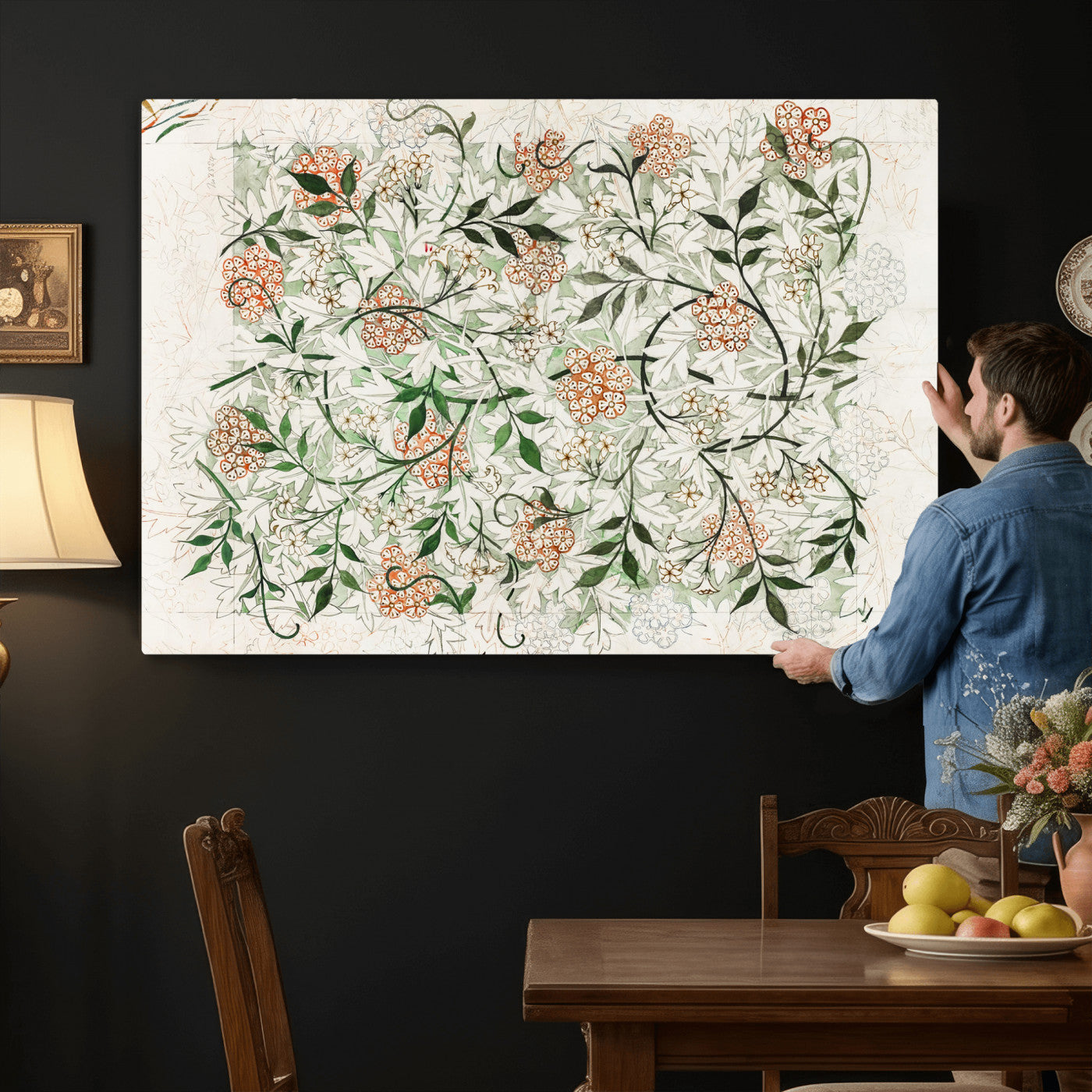 17622011W-MGV-CV-36X24 - William Morris Jasmine Flower Wall Art Canvas Print, Botanical Floral Canvas Print, Vintage Cottagecore Wall Decor, Framed Nature Artwork Ready to Hang