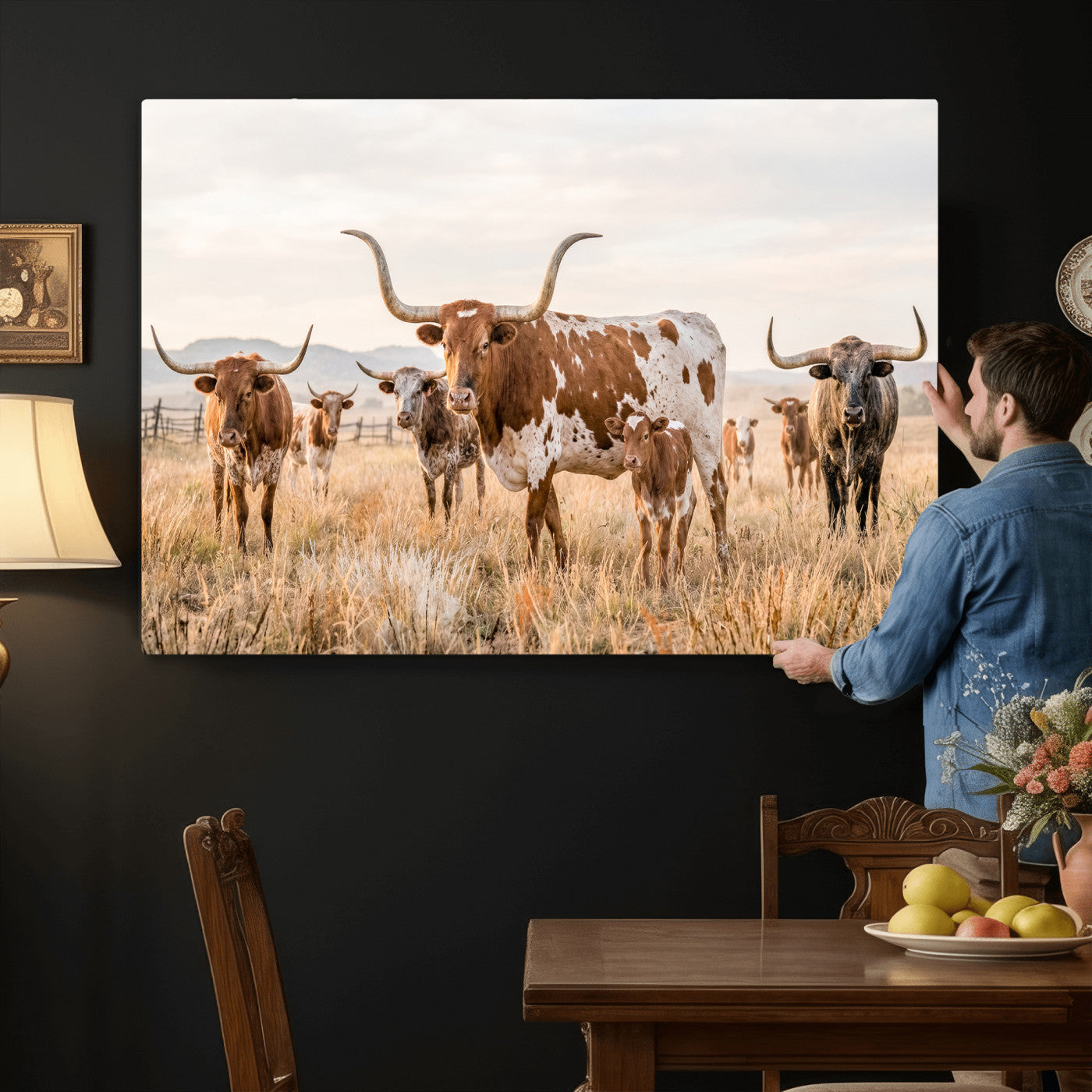 62336425AC-MGV-CV-36X24 - Texas Longhorn Canvas Wall Art, Rustic Farm Animal Photography Print, Farmhouse Country Decor, Western Ranch Art