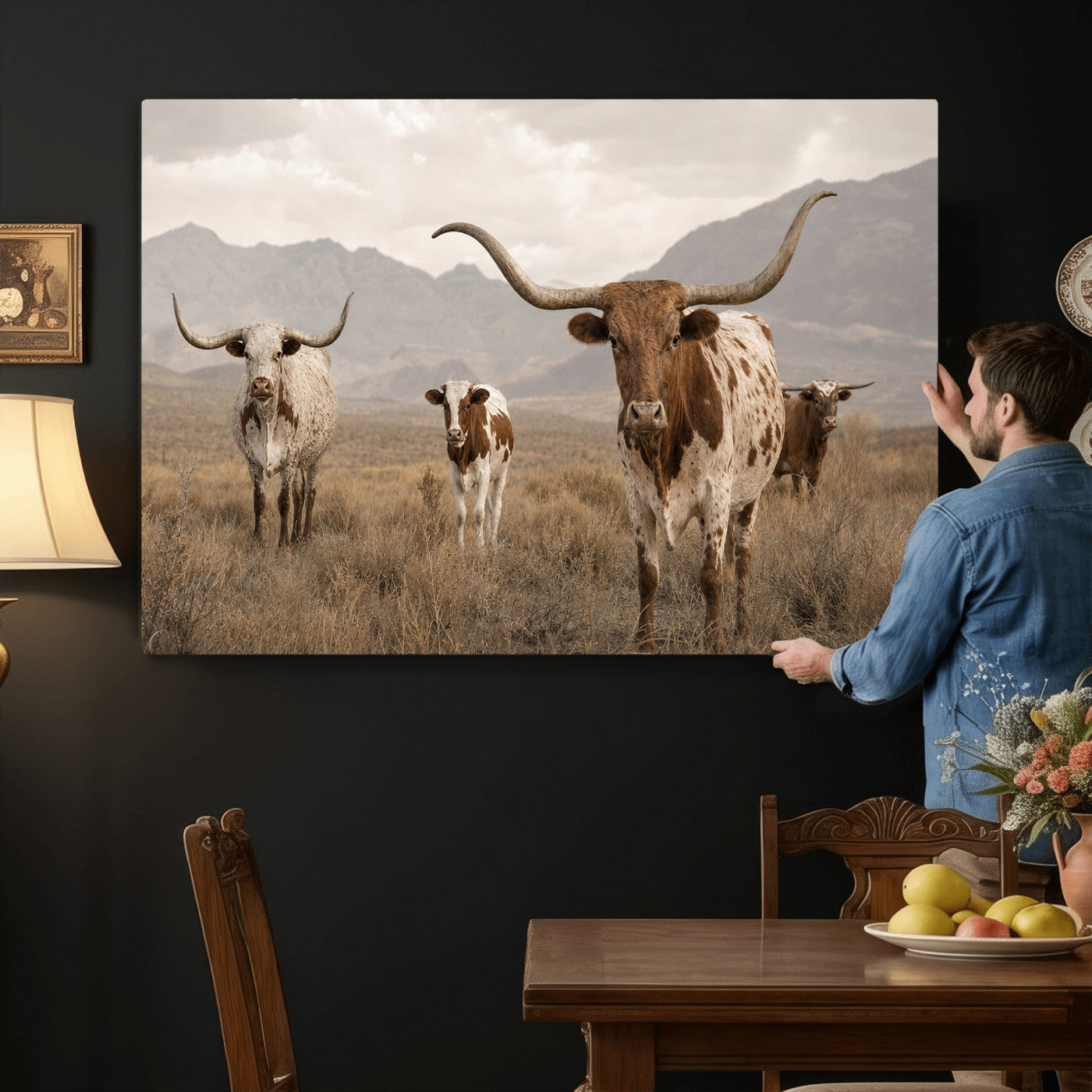 62336425AD-MGV-CV-36X24 - Rustic Texas Longhorn Cow Canvas Wall Art Print, Rustic Farm Animal Photography Print, Farmhouse Country Decor, Western Ranch Art