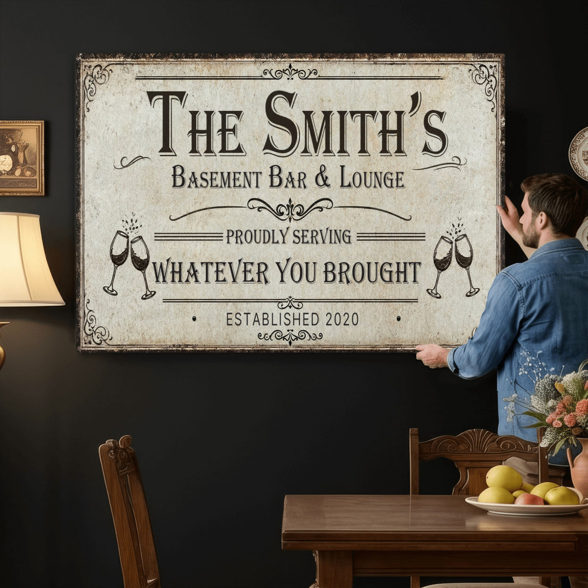 Custom Basement Bar & Lounge Sign Canvas, Personalized Family Name Art