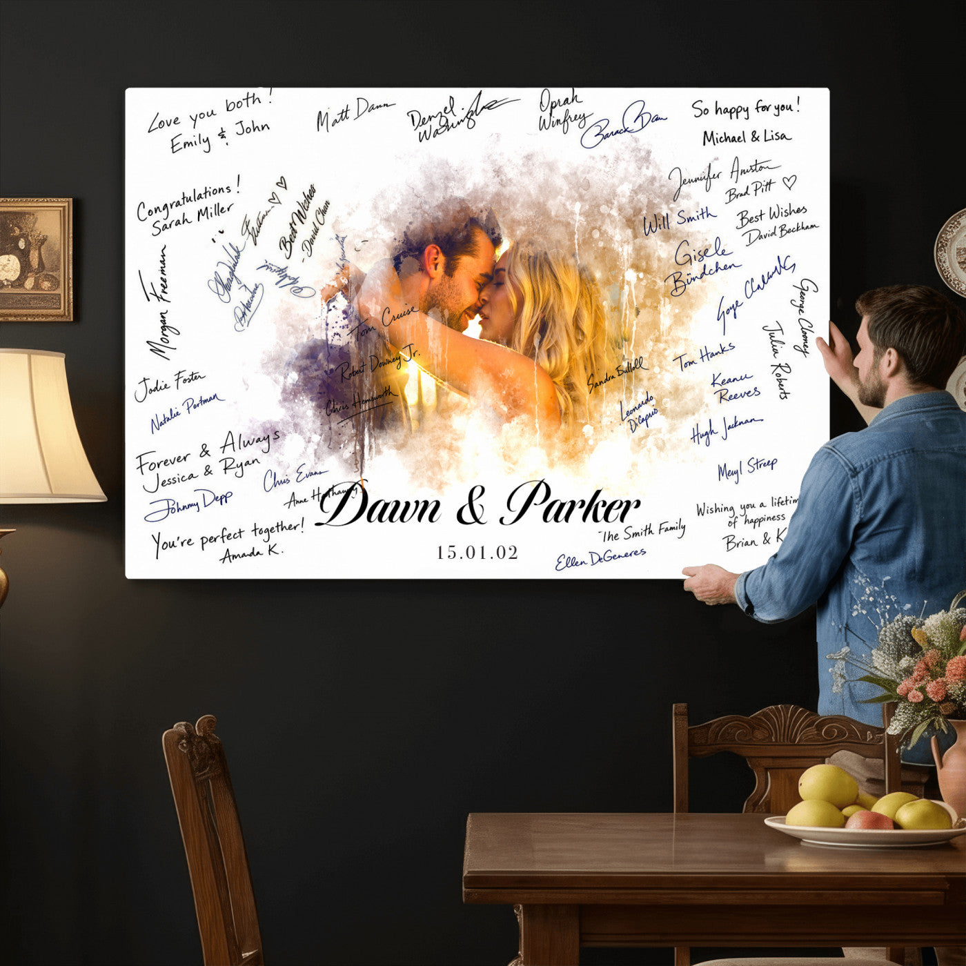 74713307-MGV-CV-36X24 - Wedding Guest Book Alternative Wall Art Canvas Print, Personalized Wedding Signature Poster, Custom Couple Photo Guestbook Canvas, Bridal Shower Reception Decor