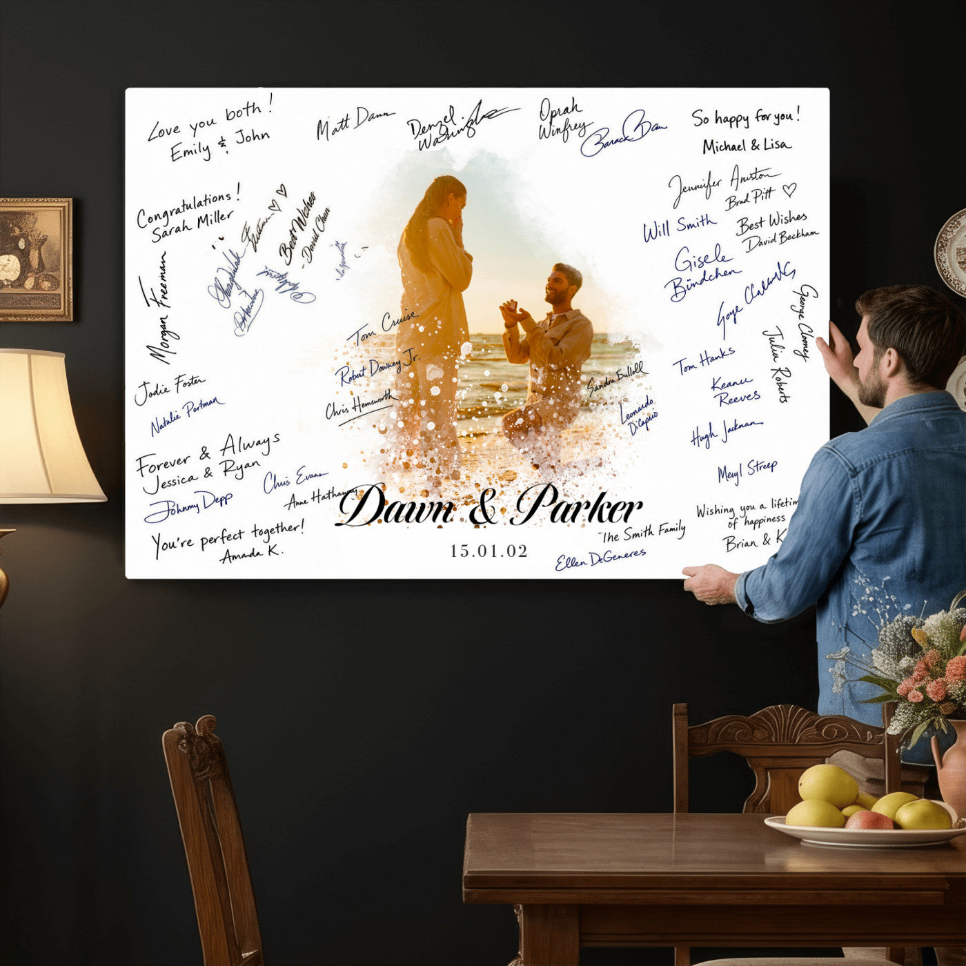 75692697-MGV-CV-36X24 - Wedding Guest Book Alternative Wall Art Canvas Print, Personalized Wedding Signature Poster, Custom Couple Photo Guestbook Canvas, Bridal Shower Reception Decor