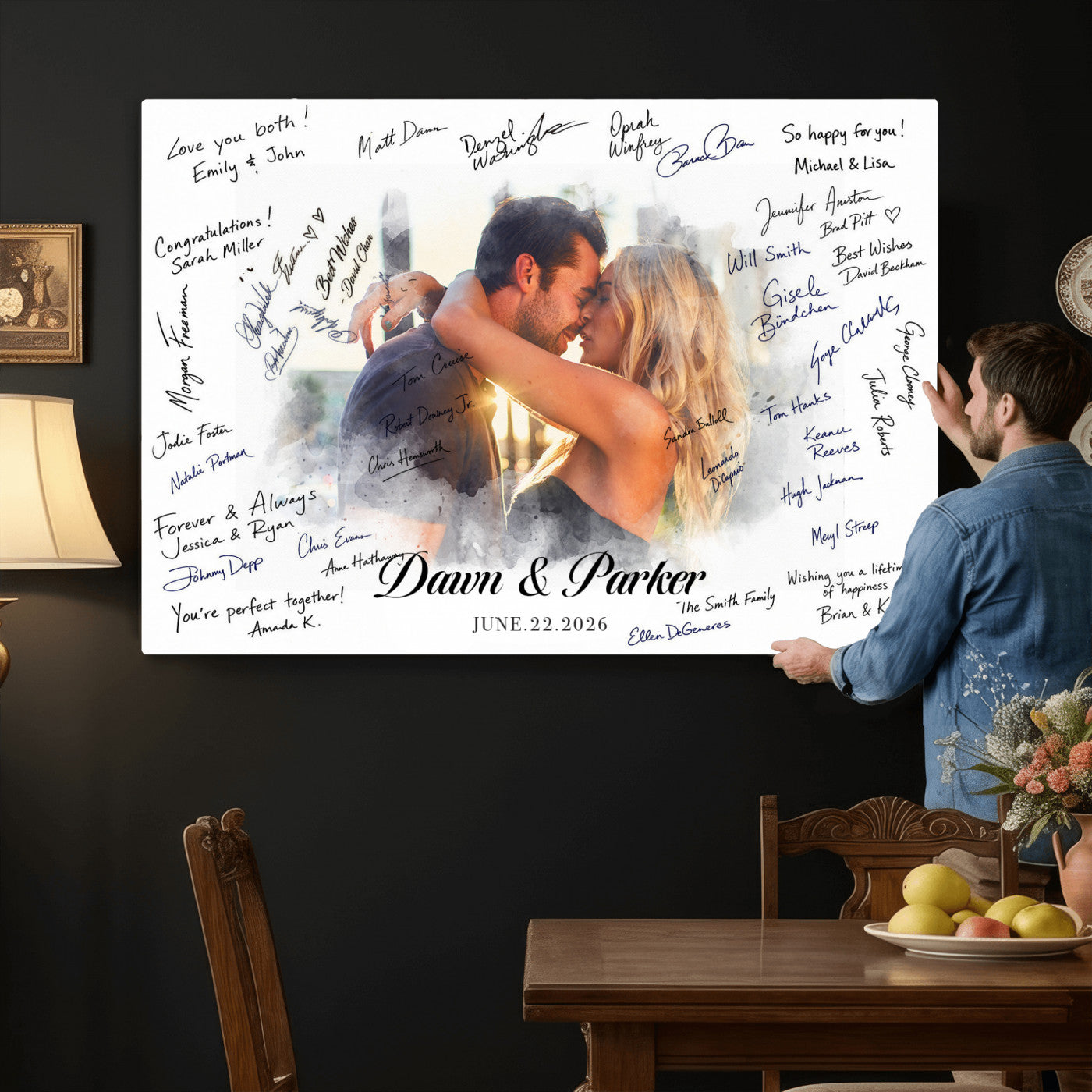 14788122-MGV-CV-36X24 - Wedding Guest Book Alternative Wall Art Canvas Print, Personalized Wedding Signature Poster, Custom Couple Photo Guestbook Canvas, Bridal Shower Reception Decor