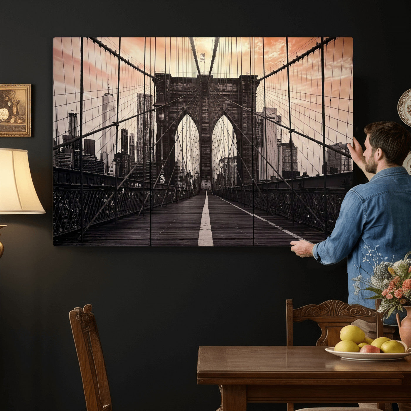 93226664-MGV-CV-36X24 - Brooklyn Bridge Canvas Wall Art, New York City Skyline Photography Print, NYC Landmark Urban Decor Artwork