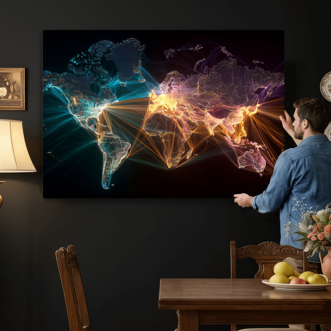 14891737-MGV-CV-36X24 - World Map and Global Flight Routes Map Canvas Wall Art, Worldwide Aviation Network Print, International Air Travel Wall Decor