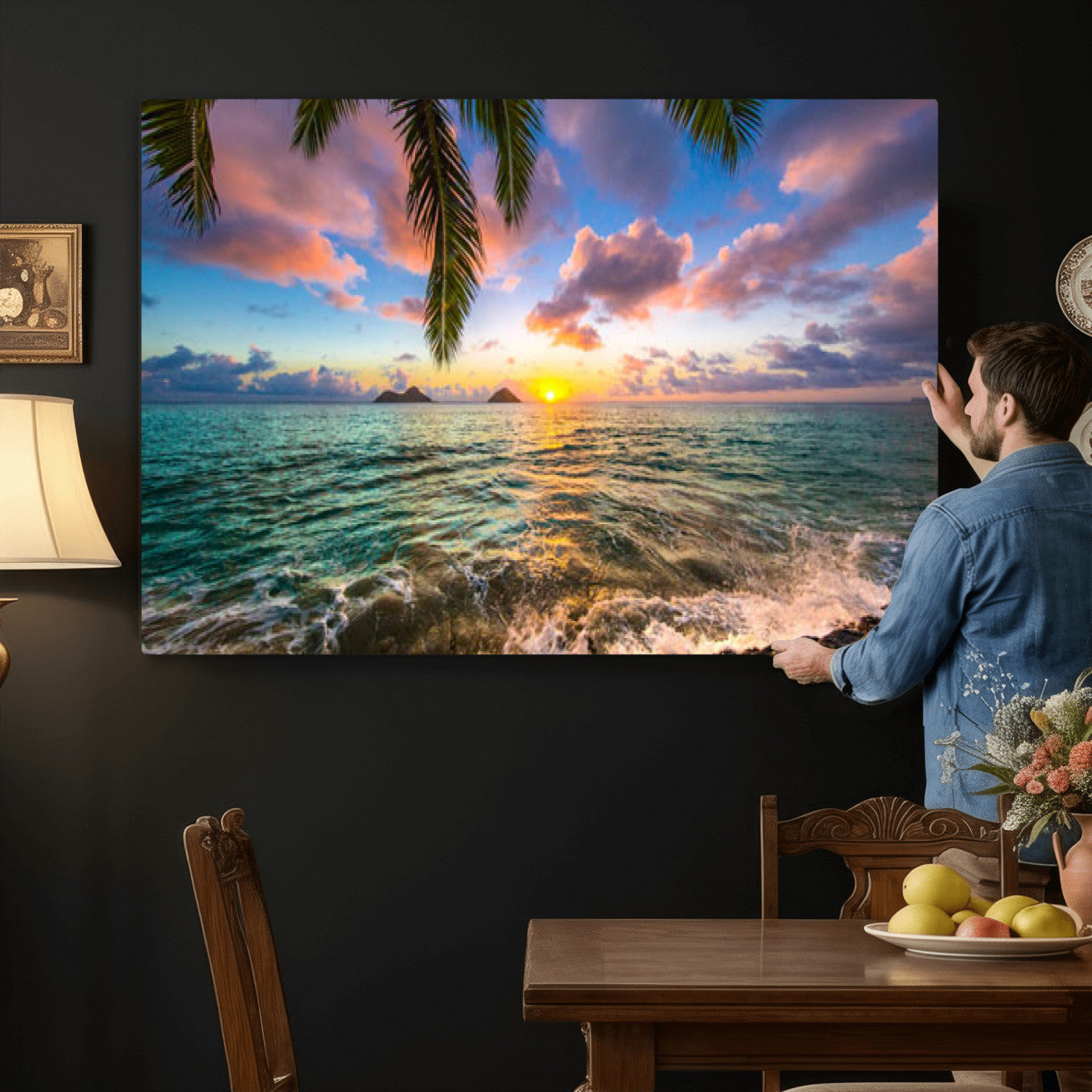 13207742-MGV-CV-36X24 - Hawaii Beach Sunset Canvas Wall Art Print, Tropical Ocean Landscape Artwork, Palm Tree Coastal Decor for Living Room Bedroom