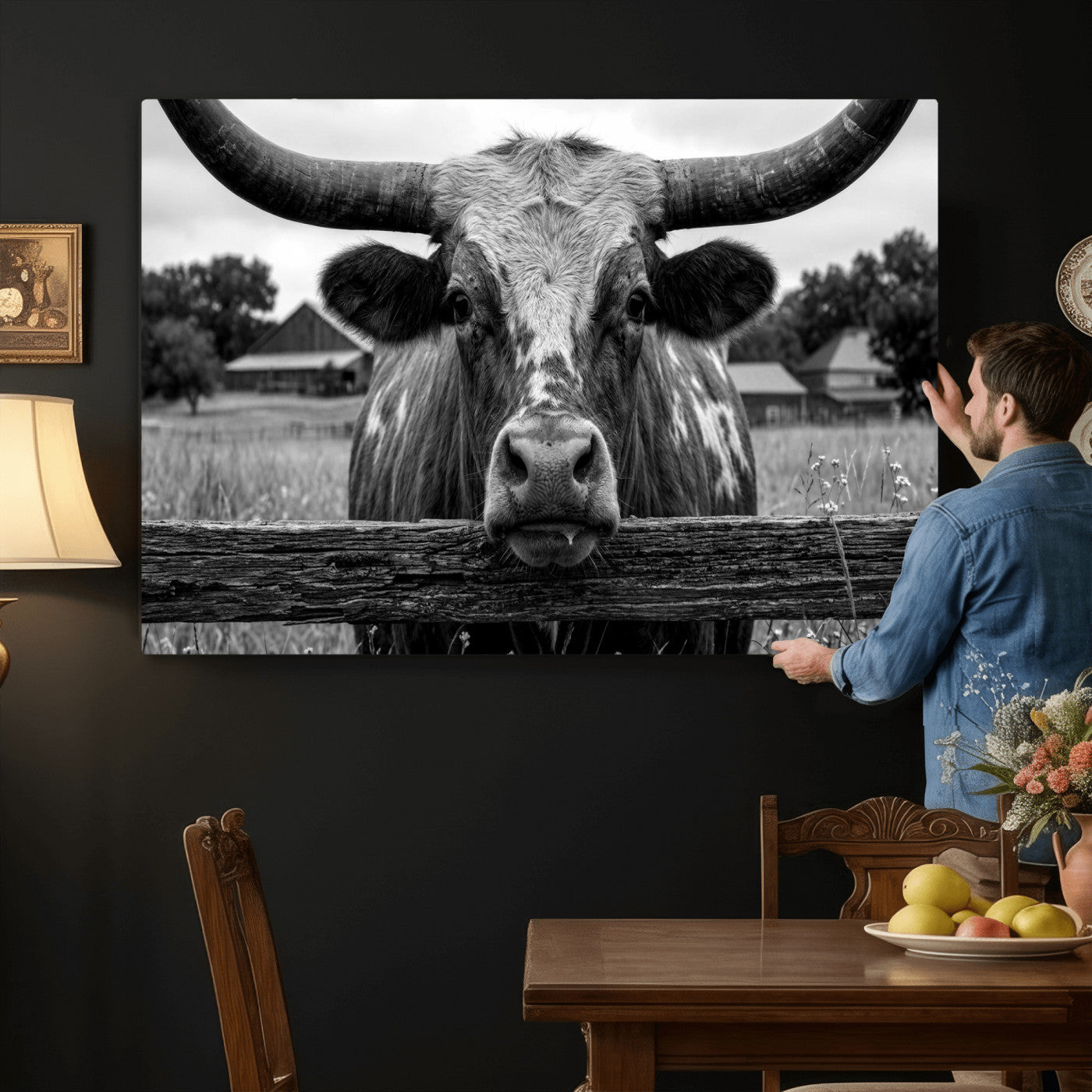 59378683B-MGV-CV-36X24 - Black White Texas Longhorn Bull Canvas Wall Art, Western Ranch Cattle Photography Print, Rustic Farmhouse Cowboy Decor Artwork