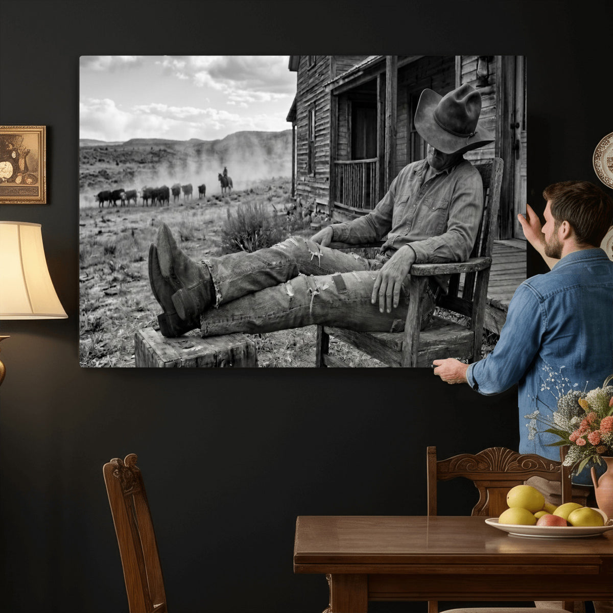 94461975S-MGV-CV-36X24 - Vintage Sleeping Cowboy Wall Art Canvas Print, Western Home Decor