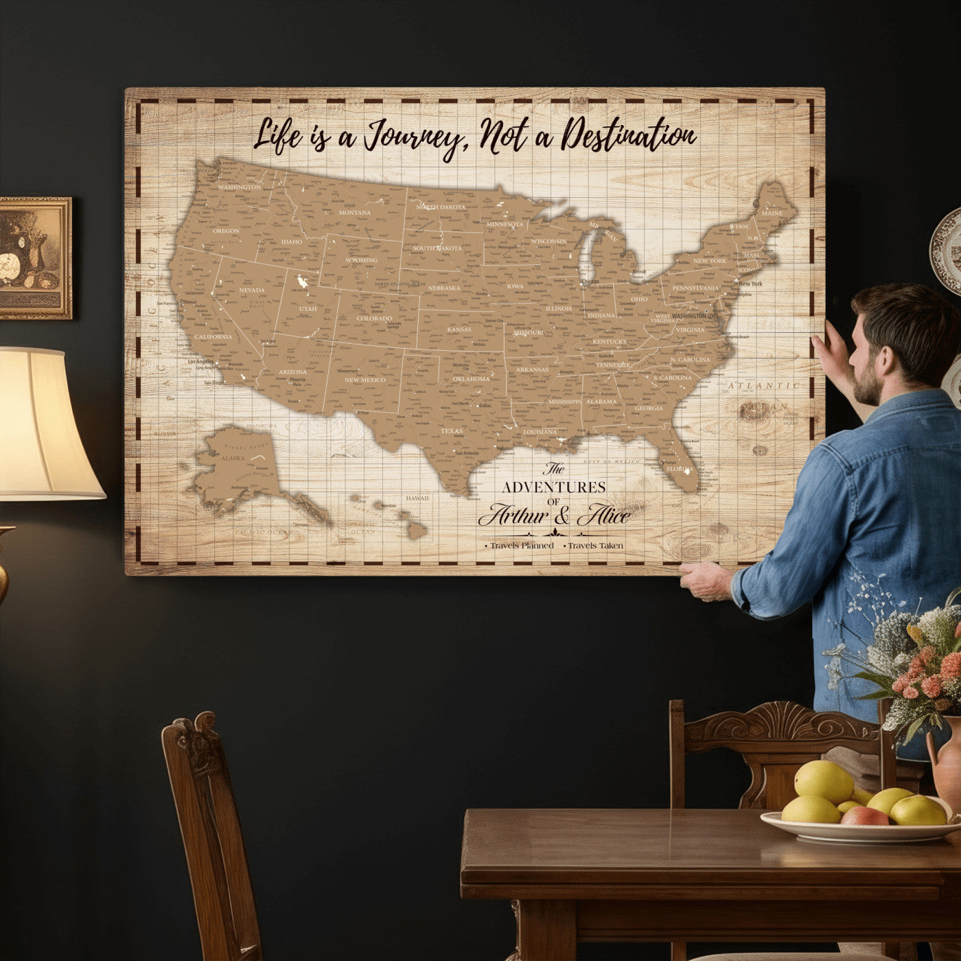 19102499-MGV-CV-36X24 - Personalized USA Push Pin Travel Map, Custom United States Map, Push Pin Map, USA Bucket List Map, Anniversary Gift, Couple Travel Map Wall Art