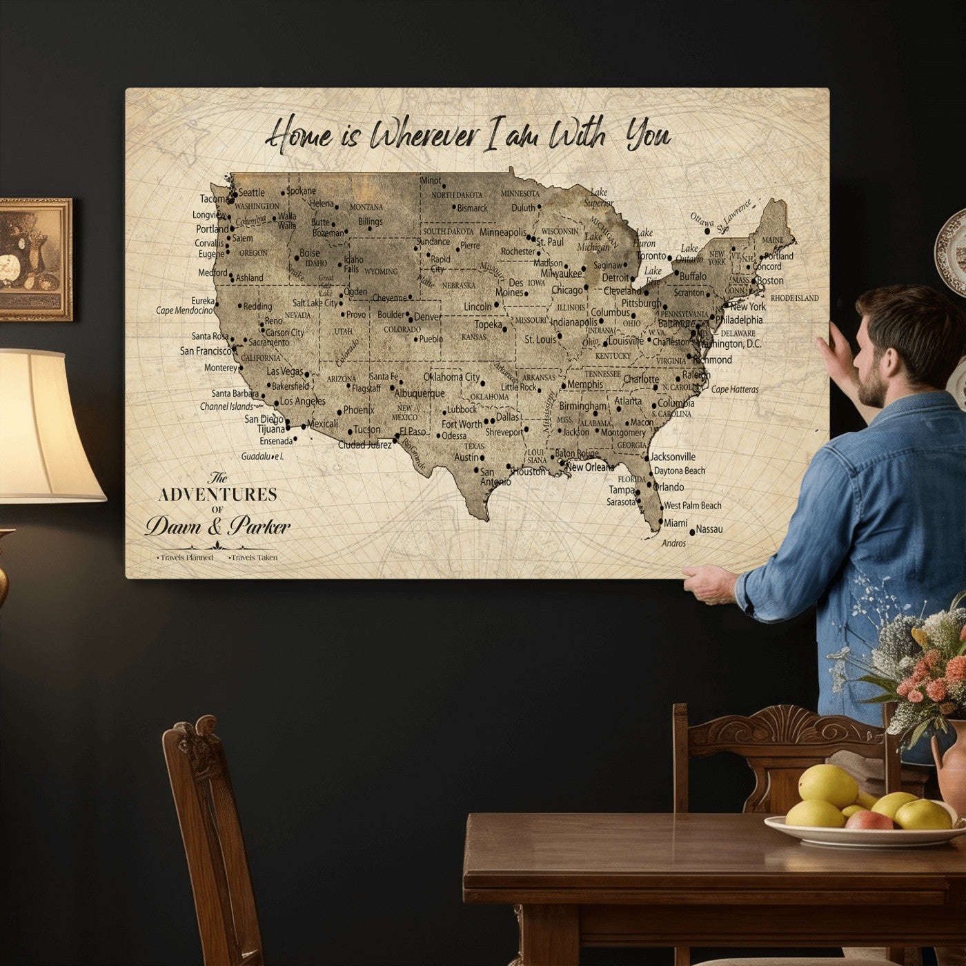 19102499U-MGV-CV-36X24 - Personalized USA Push Pin Travel Map Canvas for Adventure Wall Decor