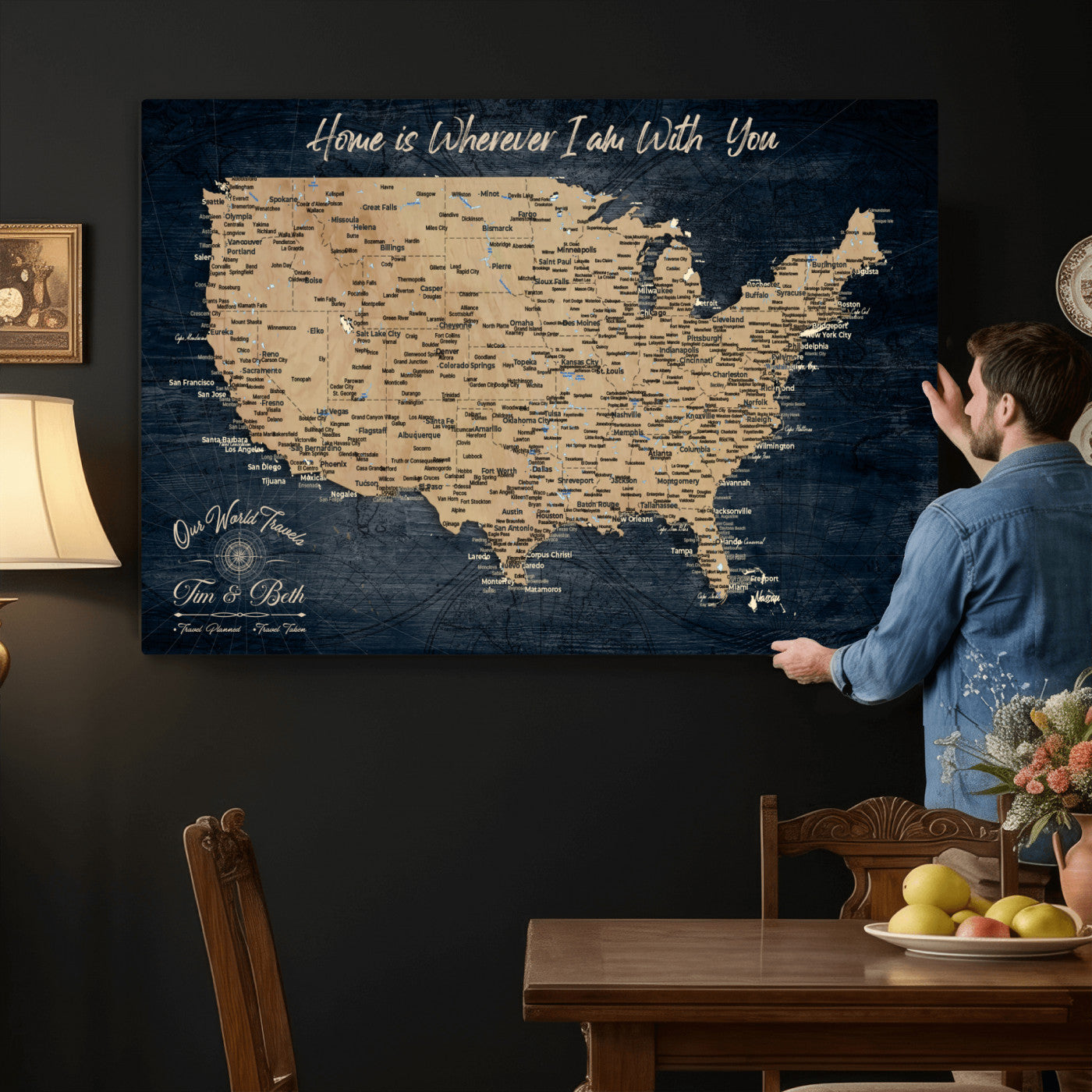 48467834-MGV-CV-36X24 - Custom Push Pin US Map Canvas | Personalized Travel Tracker | USA Cities Map Anniversary Gift for Couples | Adventure America Map Wall Art with Pins