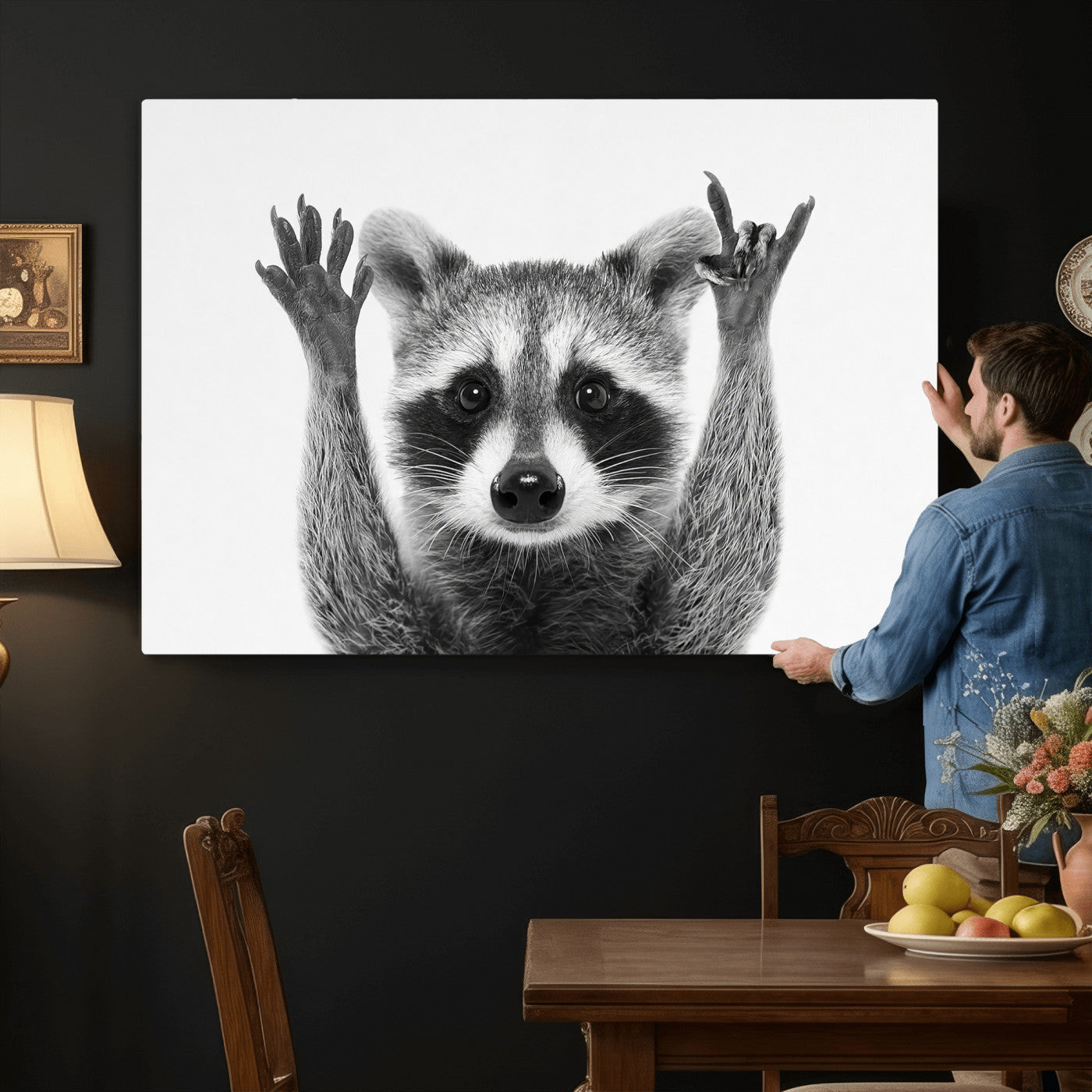 82392228-MGV-CV-36X24 - Funny Raccoon Canvas Wall Art, Black White Hands Up Animal Photo Print, Humorous Wildlife Decor, Kids Room Nursery Art, Quirky Animal Gift