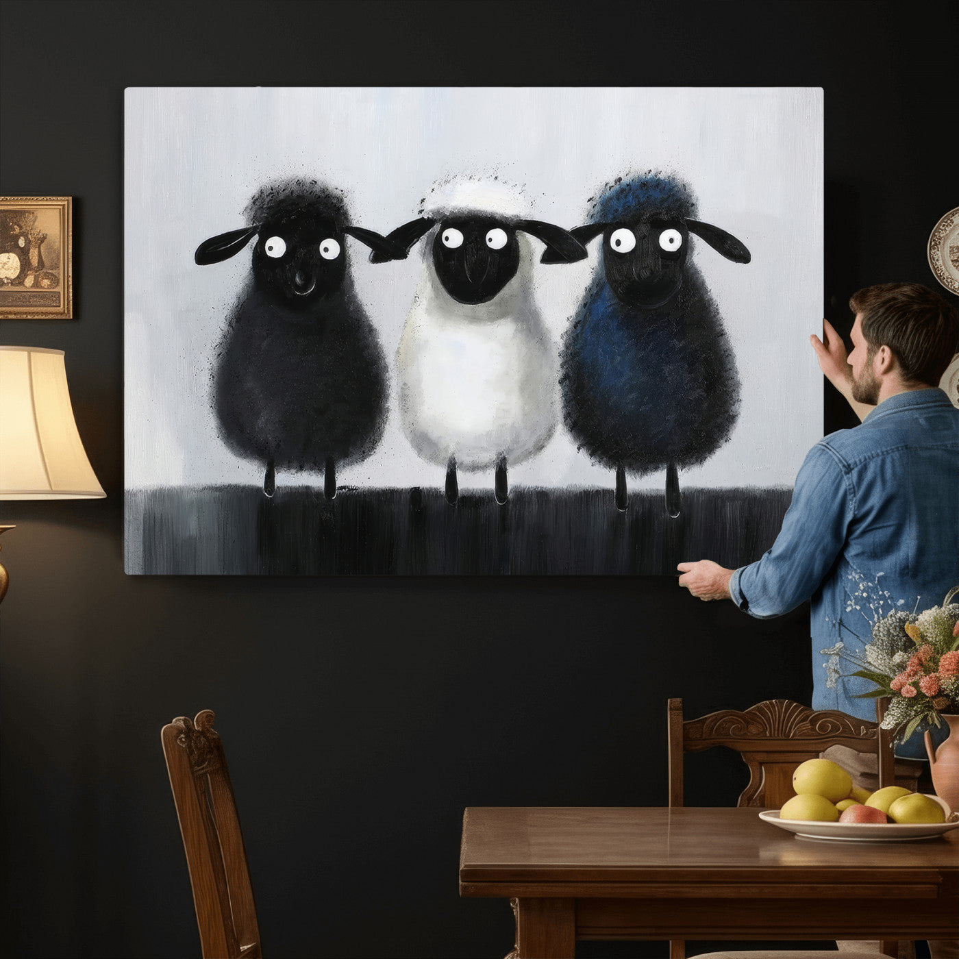 45650028-MGV-CV-36X24 - Funny Sheep Canvas Wall Art, Three Quirky Sheep Painting Print, Cute Animal Nursery Decor, Black White Navy Farmhouse Art, Kids Room Gift