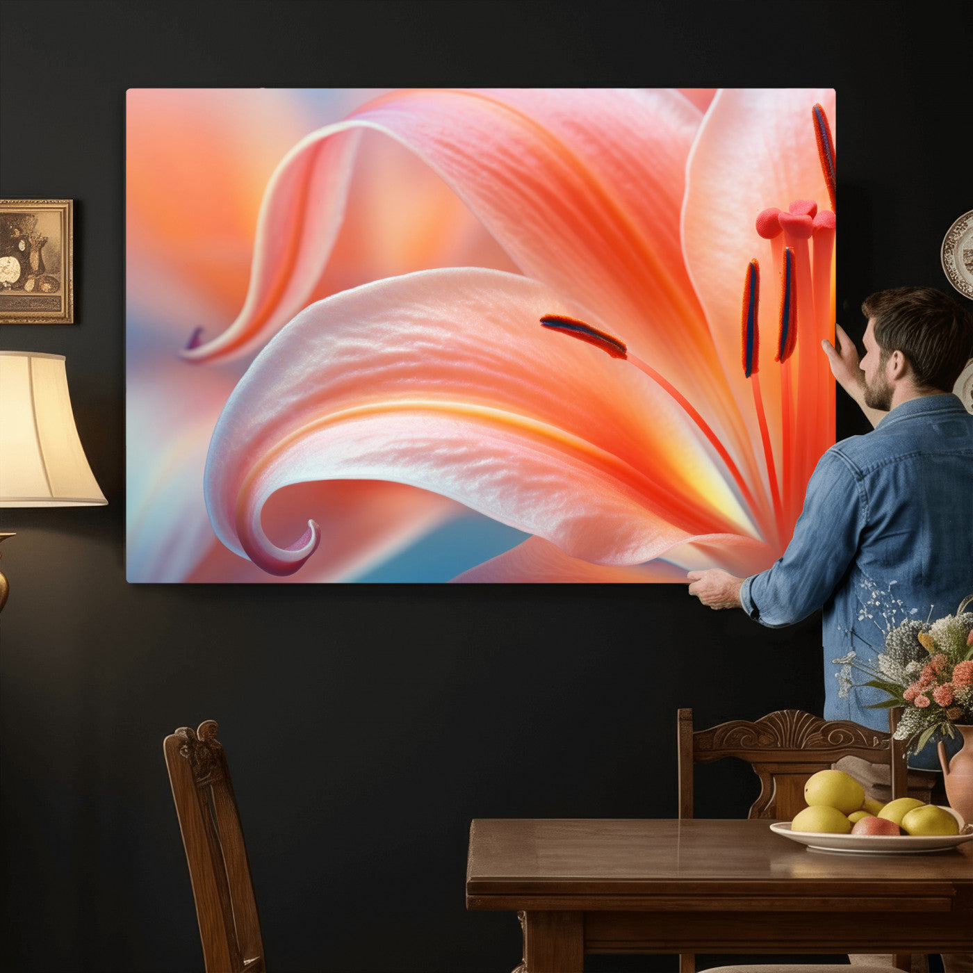 69566231-MGV-CV-36X24 - Peach Lily Canvas Wall Art, Coral Pink Flower Macro Photo Print, Botanical Bedroom Decor, Soft Floral Photography, Living Room Wall Art