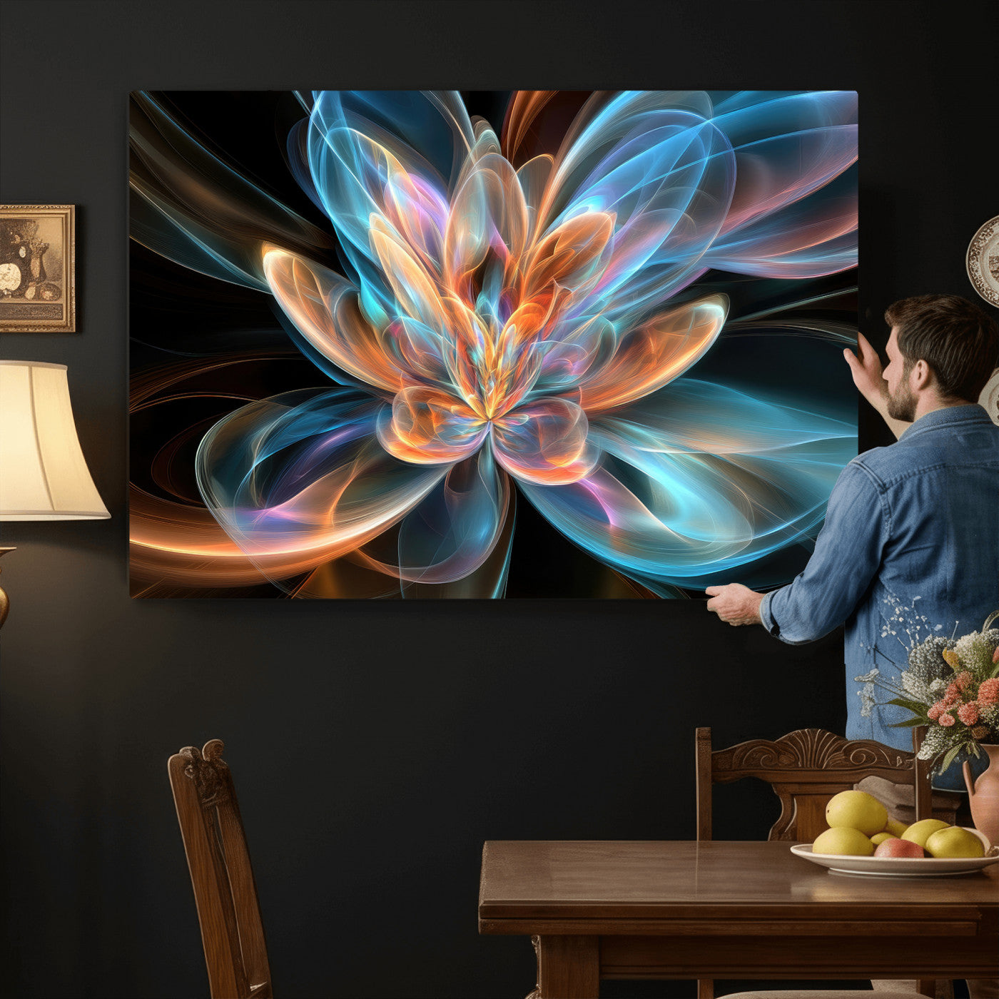 91902283-MGV-CV-36X24 - Fractal Lotus Canvas Wall Art, Blue Orange Glowing Flower Abstract Print, Modern Zen Meditation Room Decor, Ethereal Digital Art, Living Room