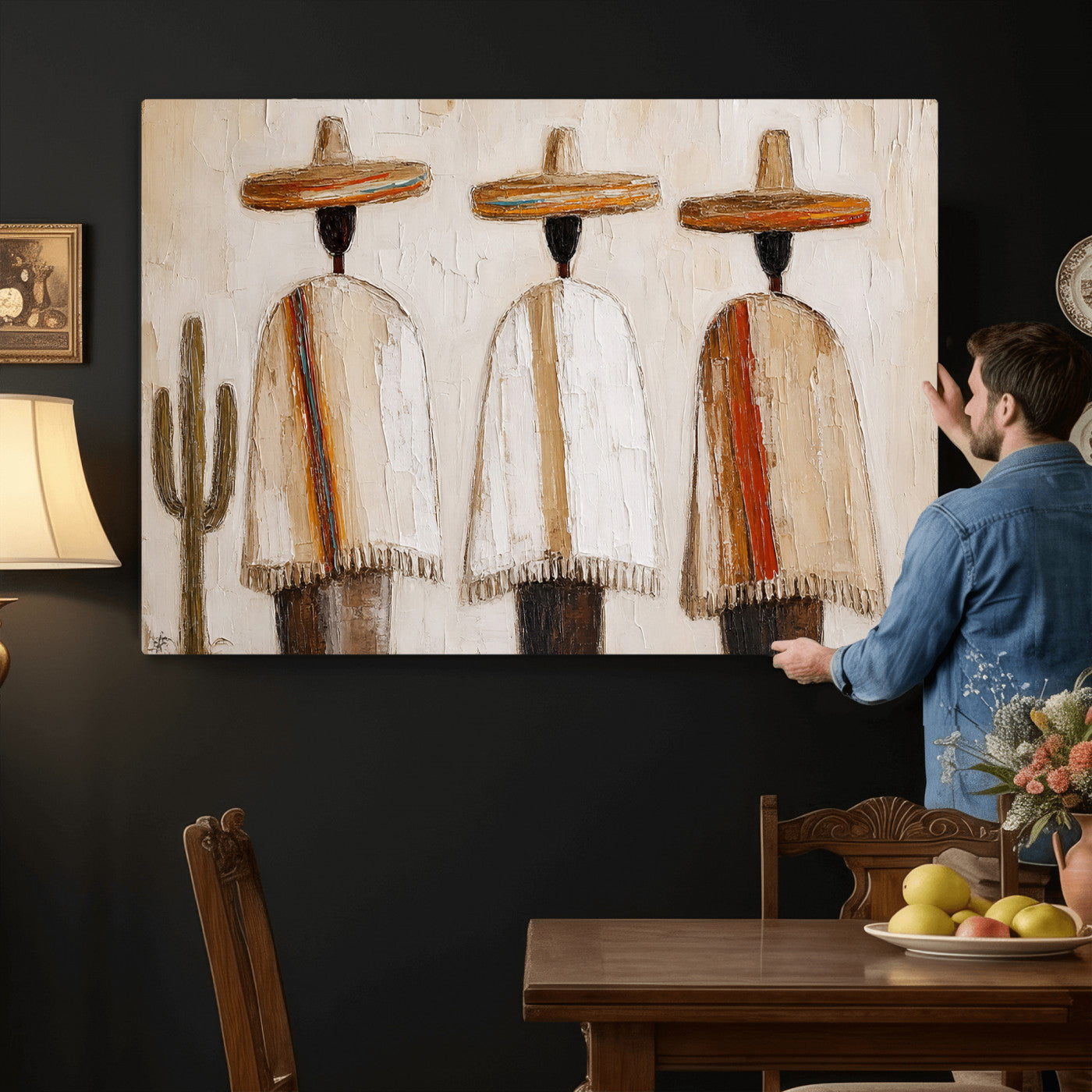 72884785-MGV-CV-36X24 - Mexican Folk Art Canvas Wall Art, Southwestern Sombrero Poncho Painting, Neutral Earthy Boho Decor, Fiesta Living Room Art, Impasto Style Print