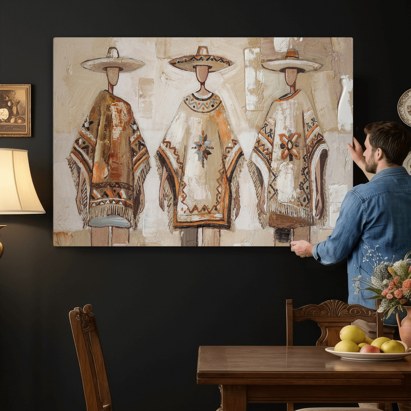 85373290-MGV-CV-36X24 - Mexican Folk Art Canvas Wall Art, Charro Poncho Sombrero Painting Print, Neutral Beige Boho Decor, Southwestern Impasto Style, Living Room Art