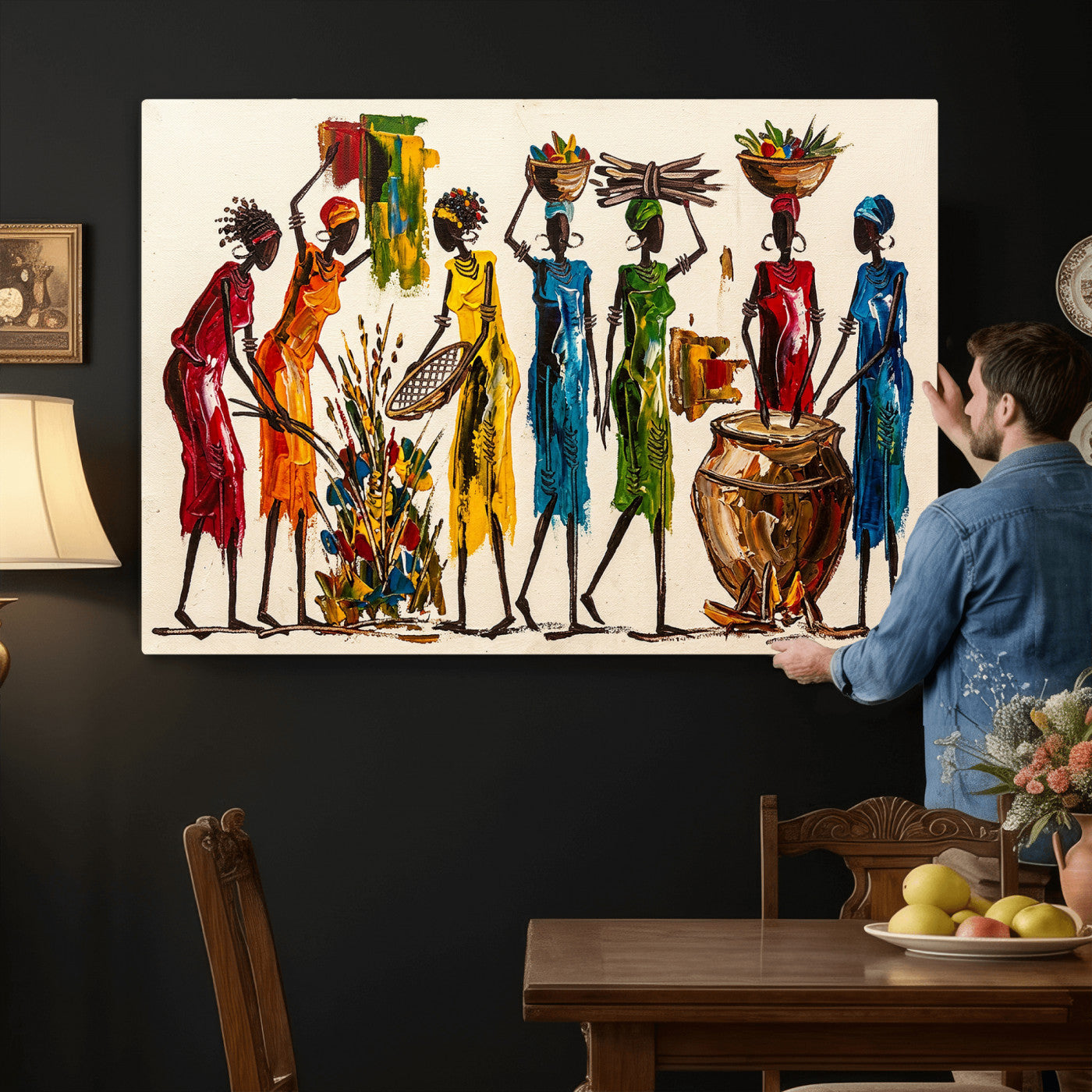 83463154-MGV-CV-36X24 - African Folk Art Canvas Wall Art, Colorful African Women Village Painting Print, Tribal Ethnic Home Decor, Vibrant African Art, Living Room