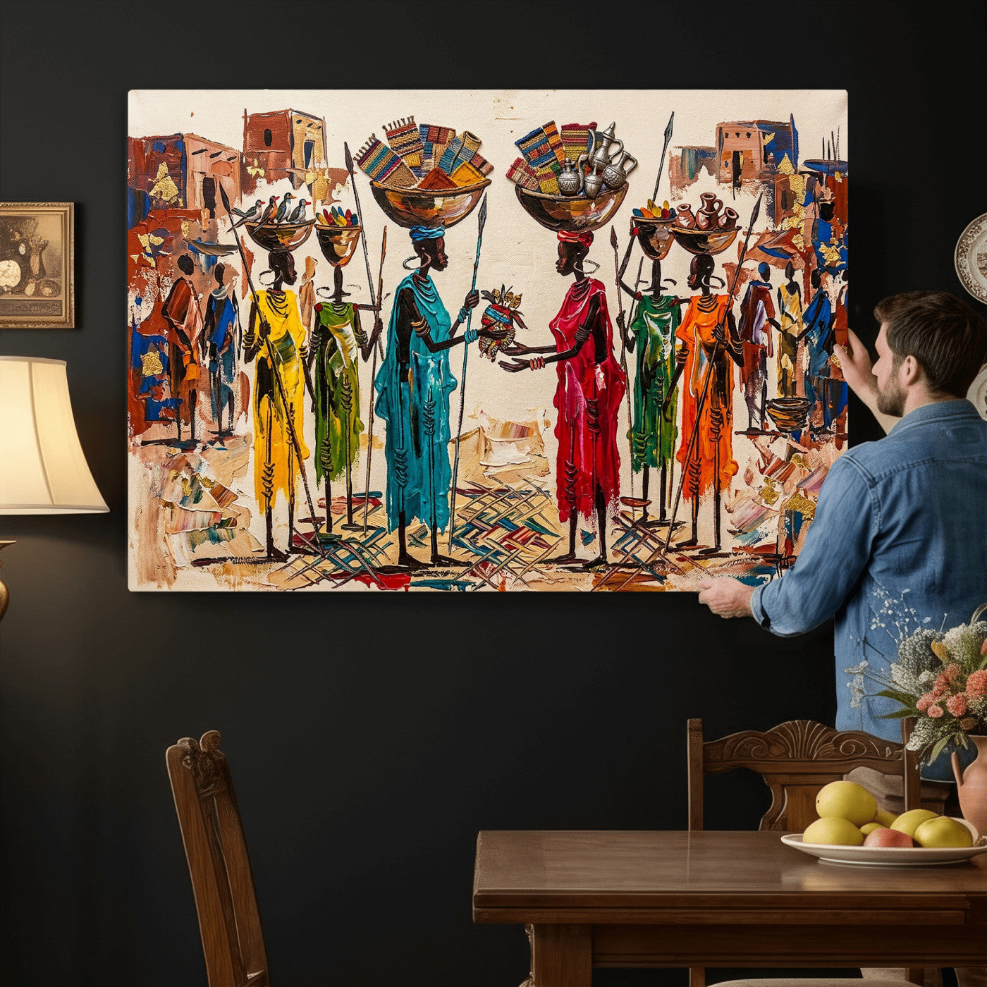 54818657-MGV-CV-36X24 - African Folk Art Canvas Wall Art, Colorful African Women Village Painting Print, Tribal Ethnic Home Decor, Vibrant African Art, Living Room